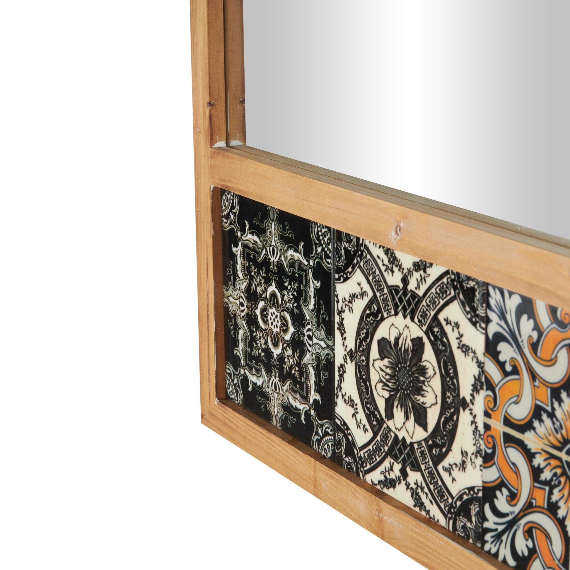 Floral Brown Wood Room Wall Mirror with Patterned Mosaic Tile Edge