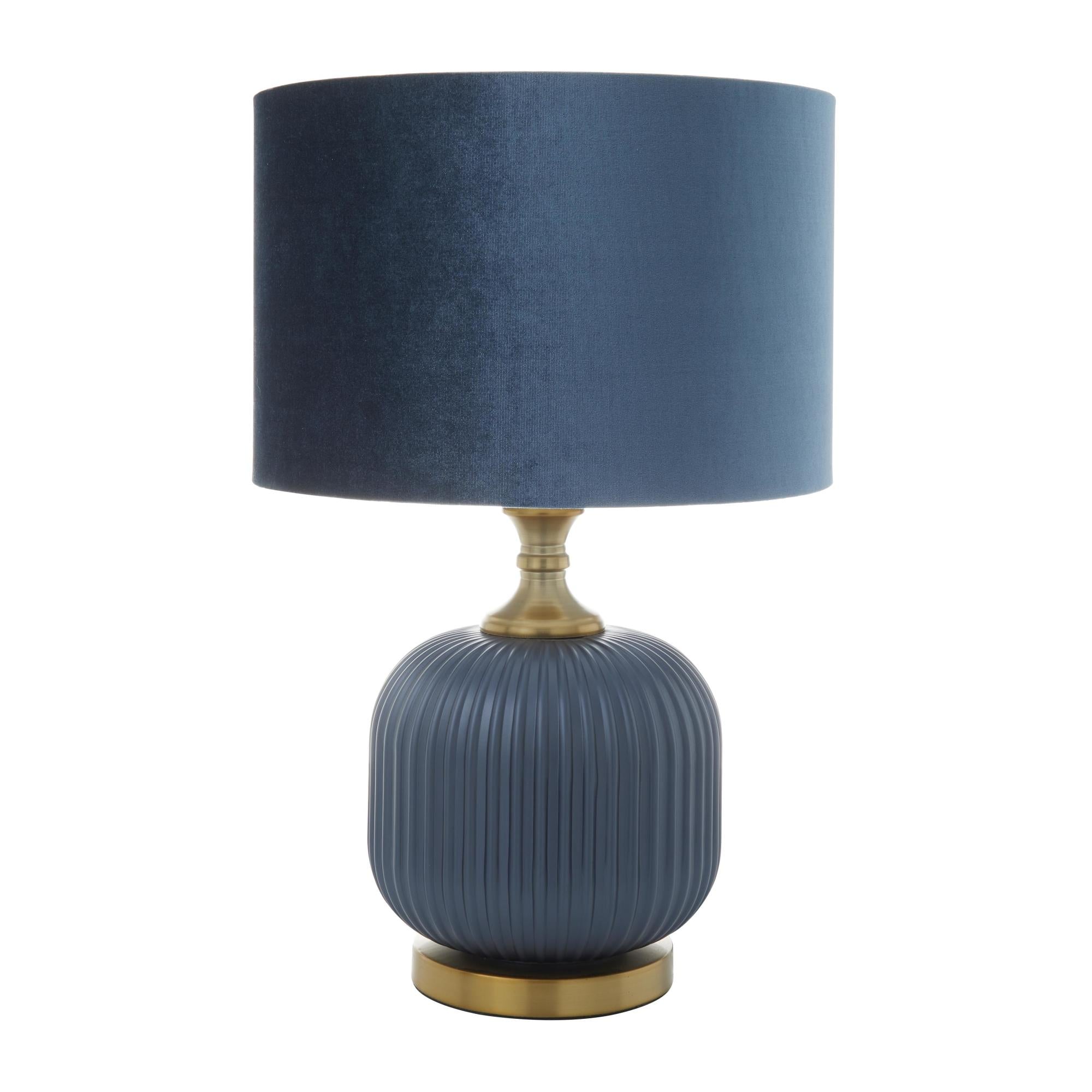 Blue Glass Ribbed Room Table Lamp with Velvet Shade and Gold Accents