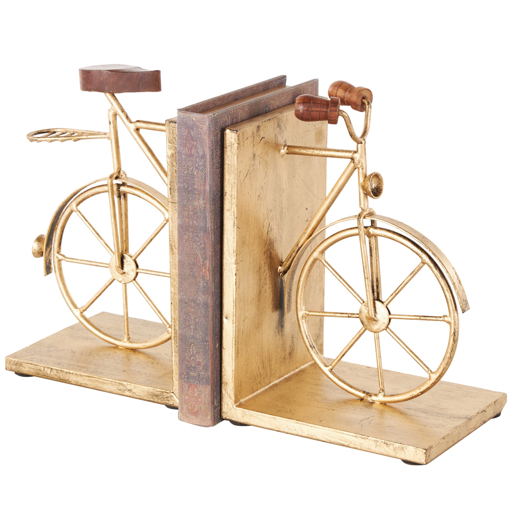 Set of 2 Bike Metal Vintage Inspired Decorative Bookends with Wood Accents Set of 2 7"W, 9"H