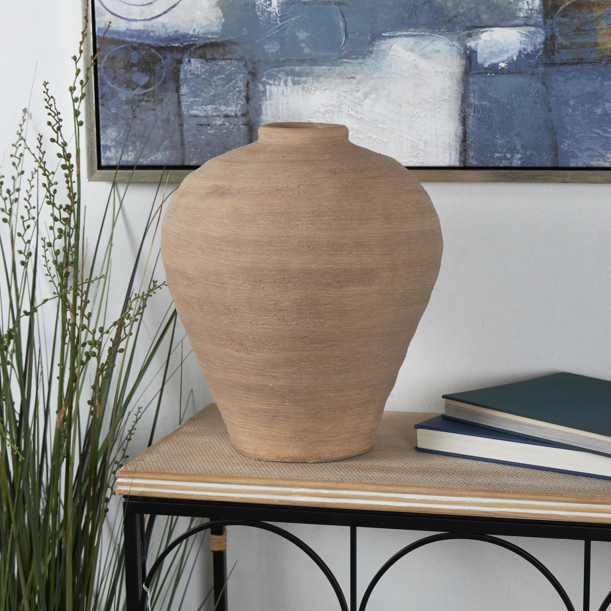 Beige Ceramic Wide Textured Terracotta Decorative Vase