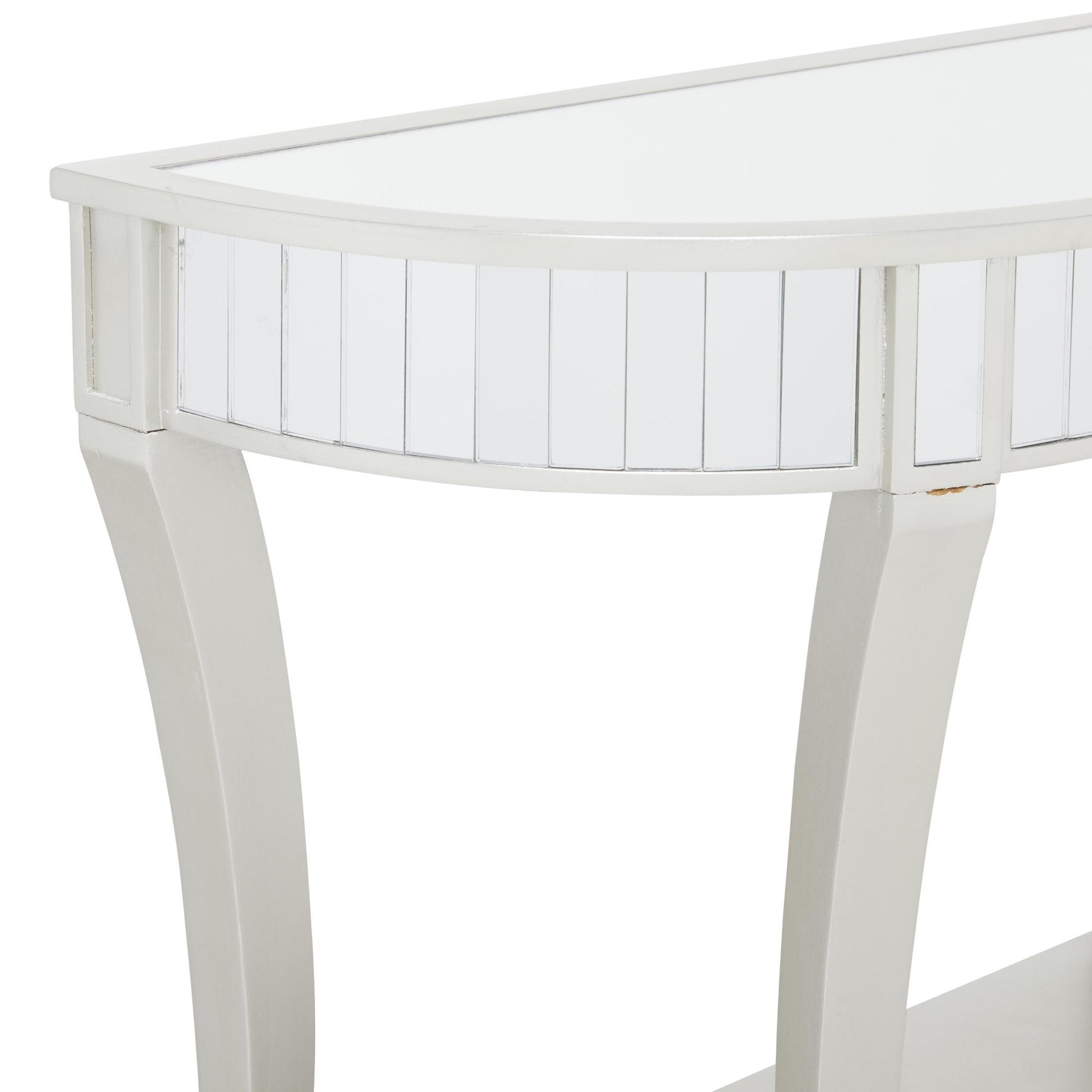 Set of 2 Silver Wood Mirrored Panel Half Moon Living Room Console Table with Mirror
