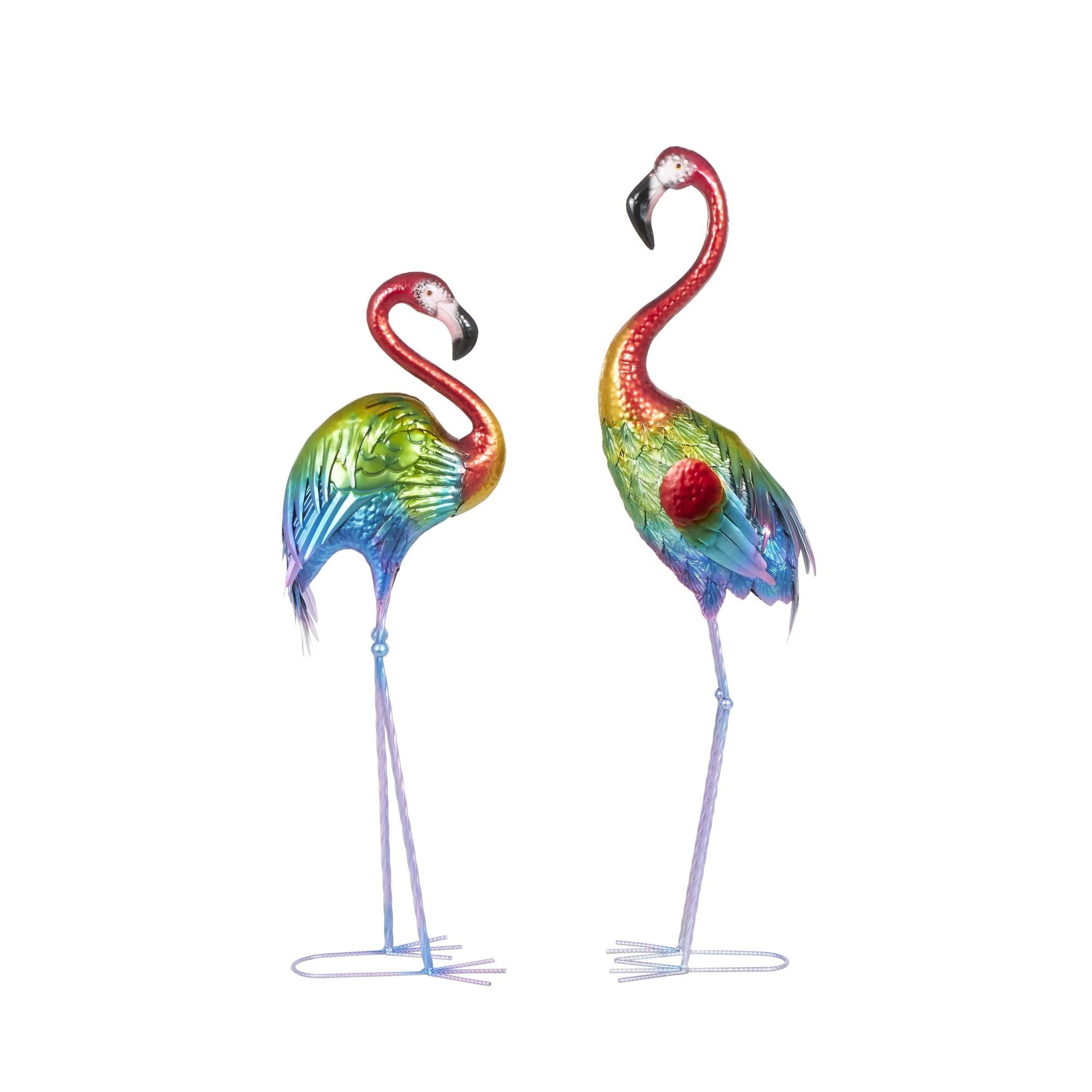 Set of 2 Flamingo Multi Colored Metal Tall Textured Rainbow Decorative Garden Sculpture