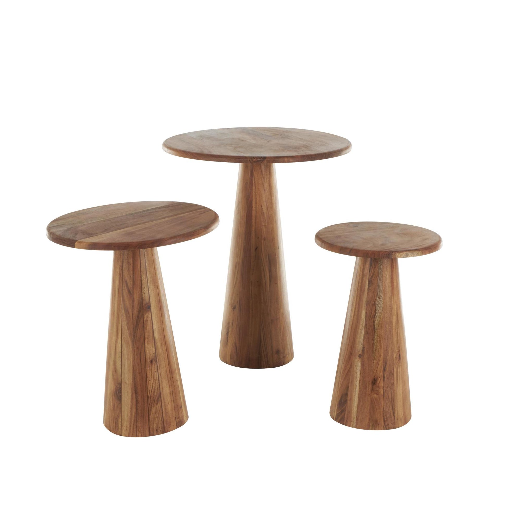 Set of 3 Wood Side End Accent Table with Natural Wood Grains and Cone Shaped Bases