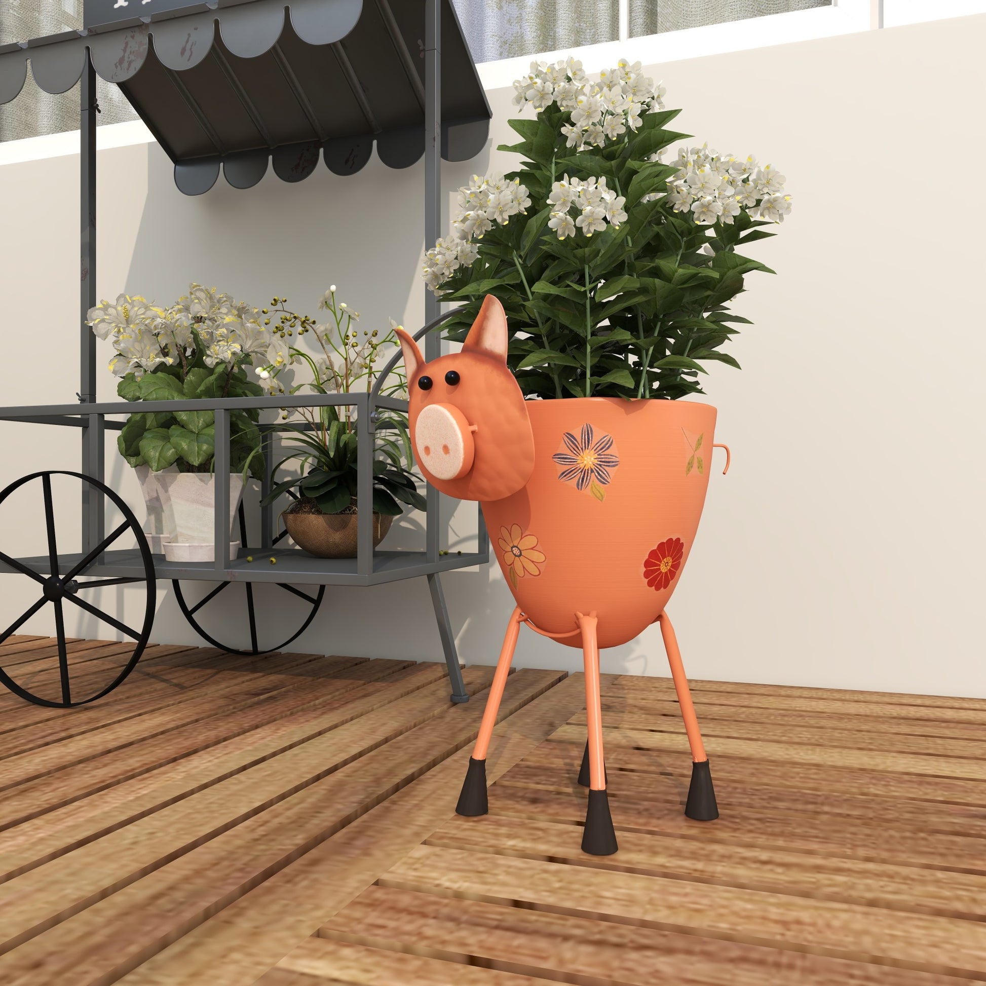 Pig Pink Metal Indoor Outdoor Planter with Floral Accents