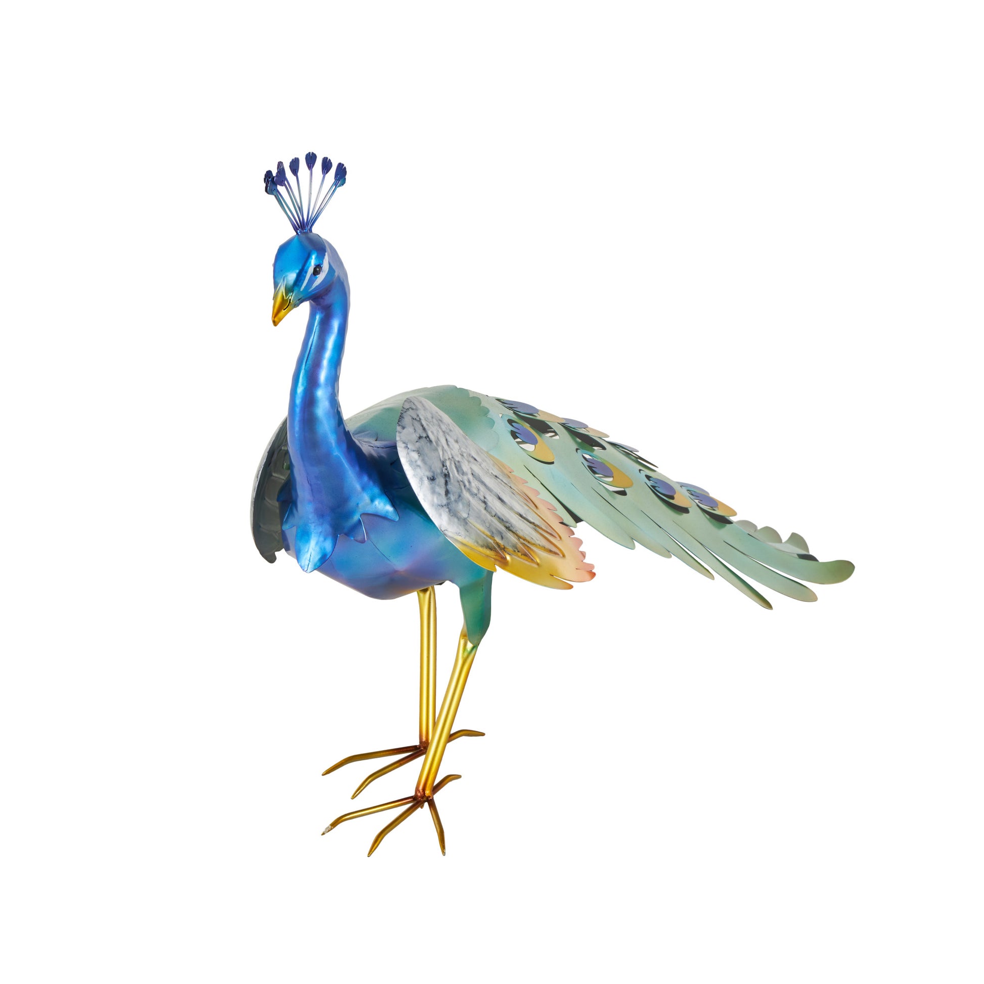 Peacock Blue Metal Decorative Garden Sculpture with Gold Legs and Teal Wings