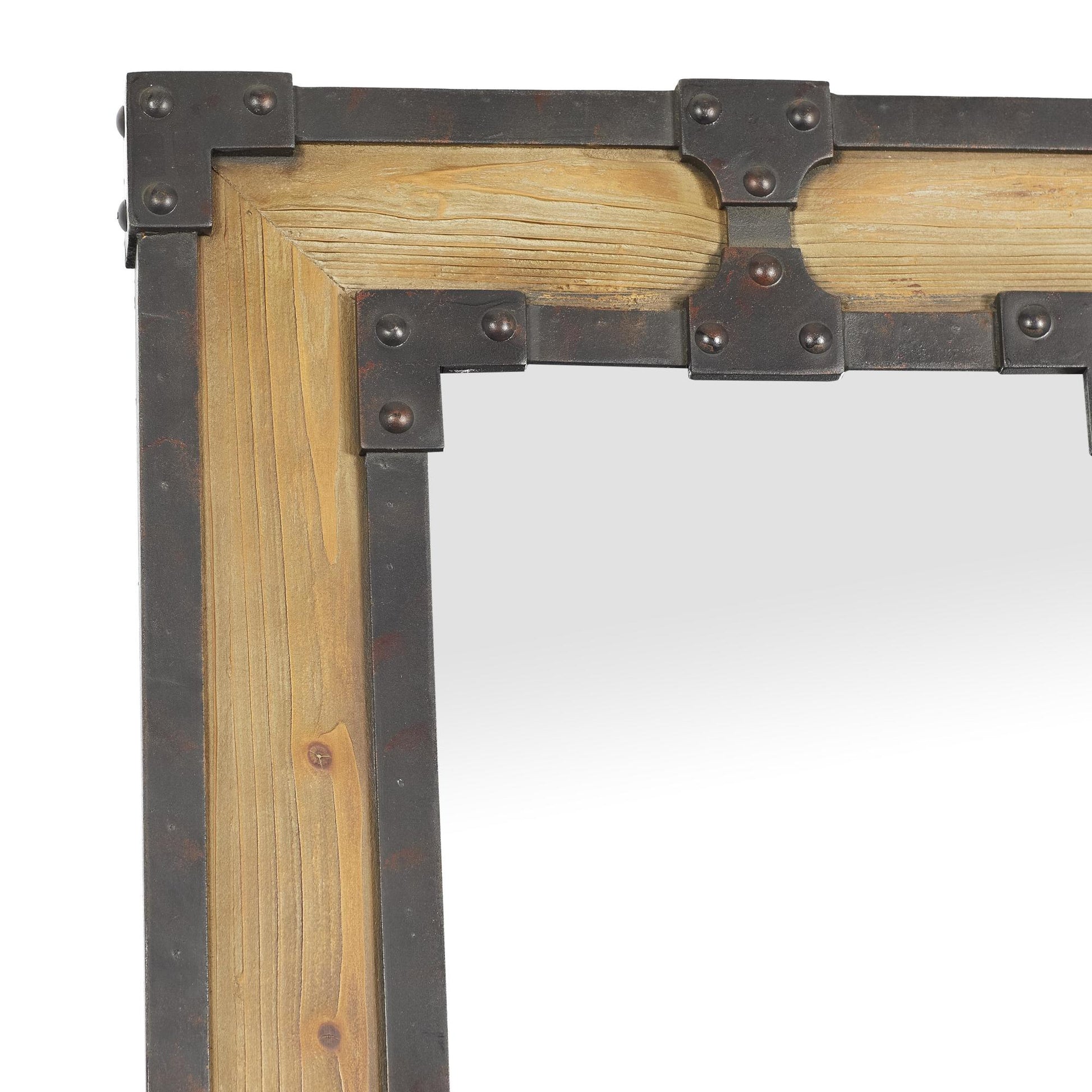 Brown Wood Room Floor Mirror with Black Studded Frame and Foldable Stand