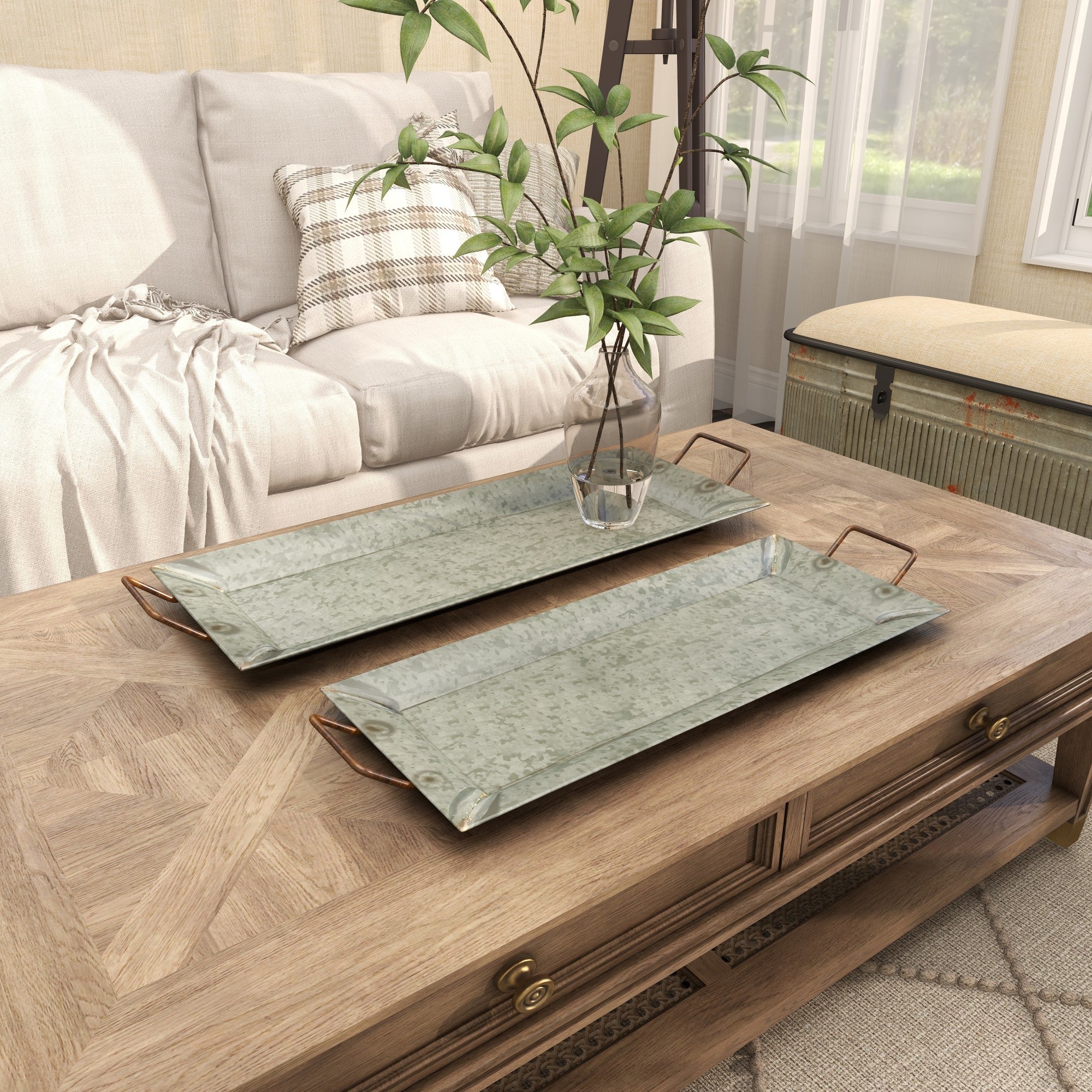 Set of 2 Gray Metal Living Room Decor Tray with Handles