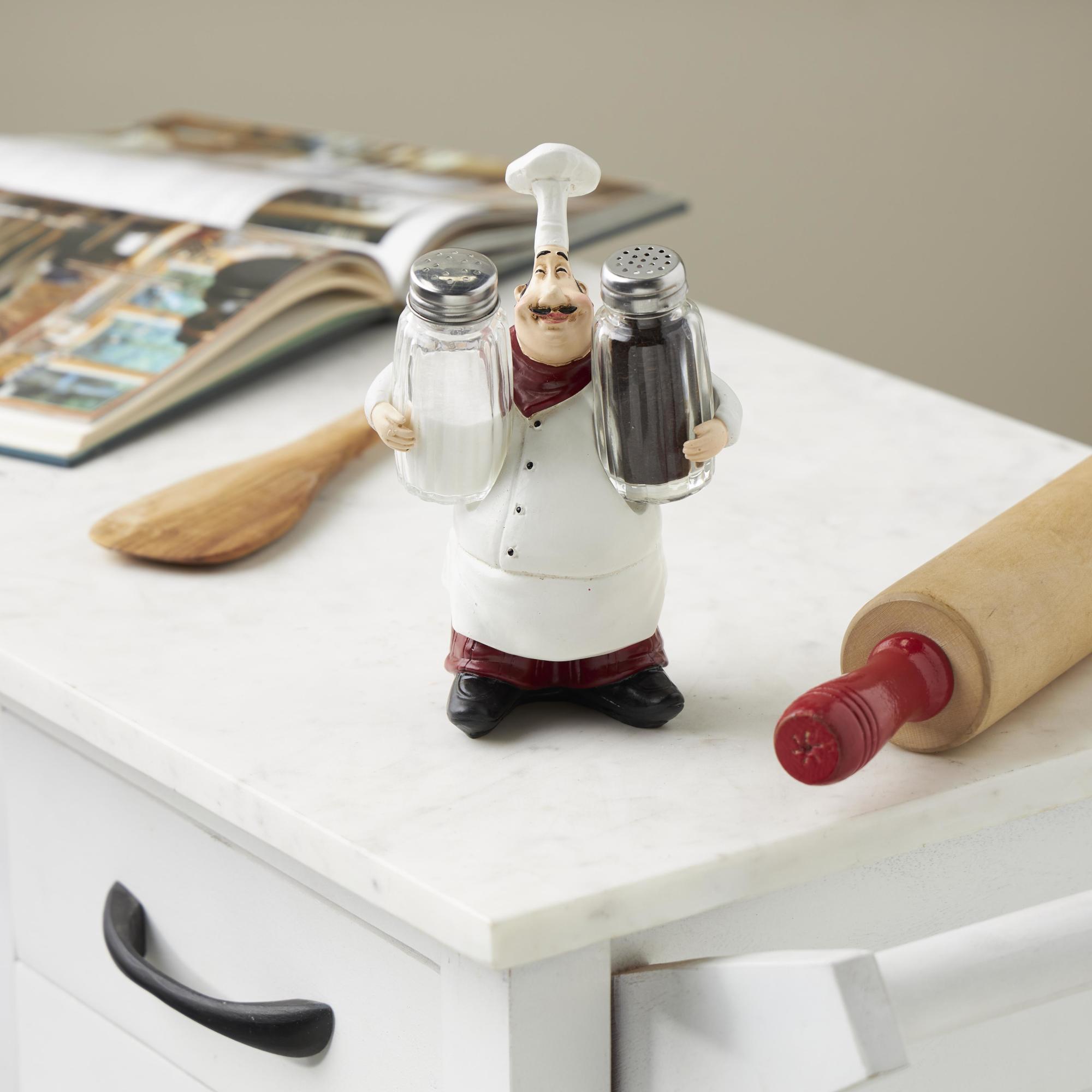 Chef White Polystone Figurine Decorative Salt and Pepper Shaker Holder with Red Accents