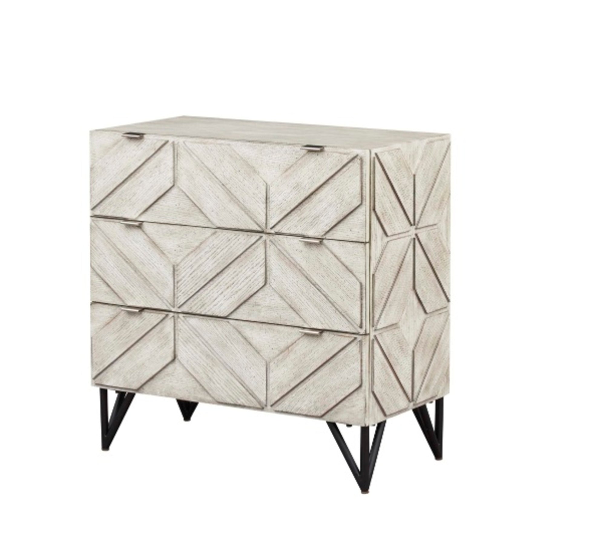 Geometric Light Gray Wooden 3D Diamond Patterned 3 Drawer Room Dresser with Black Tripod Legs and Silver Handles