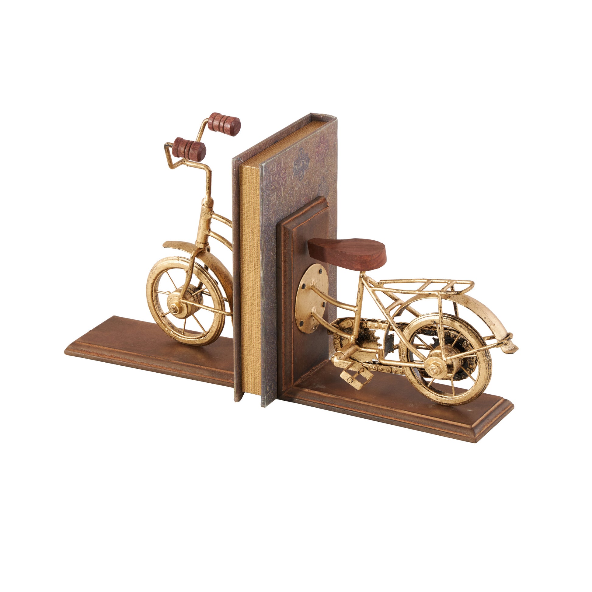 Set of 2 Bike Brass Wooden Decorative Bookends