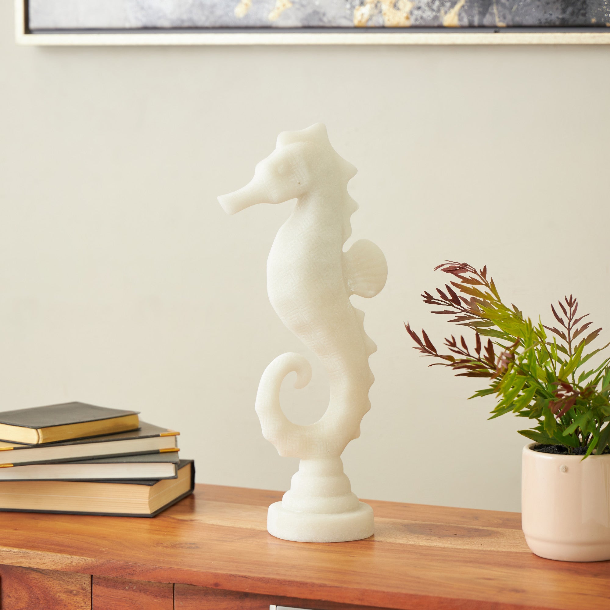 Sea Horse White Polystone Decorative Sculpture with Shimmering Details
