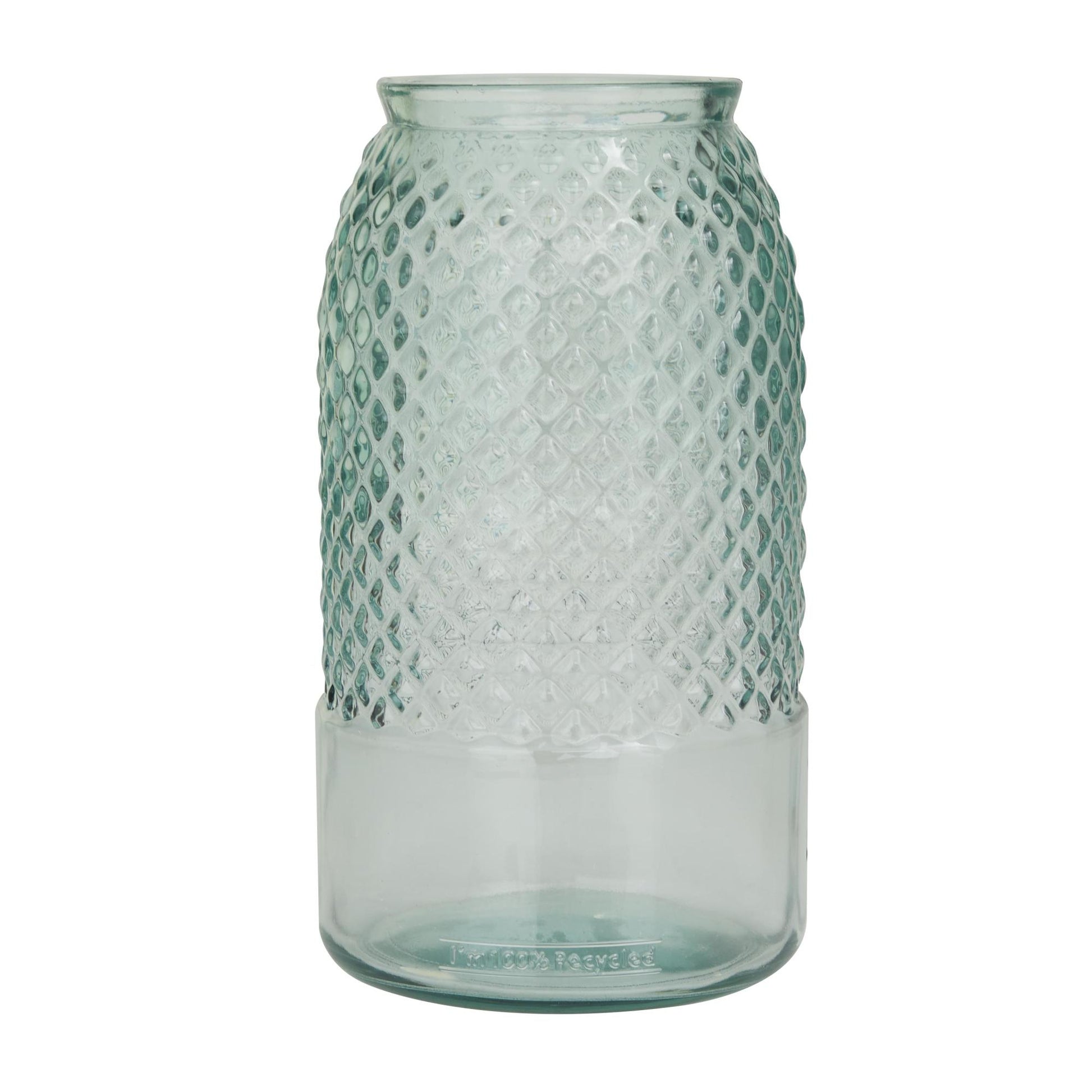 Teal Recycled Glass Handmade Slim Spanish Decorative Vase with Textured Diamond Pattern
