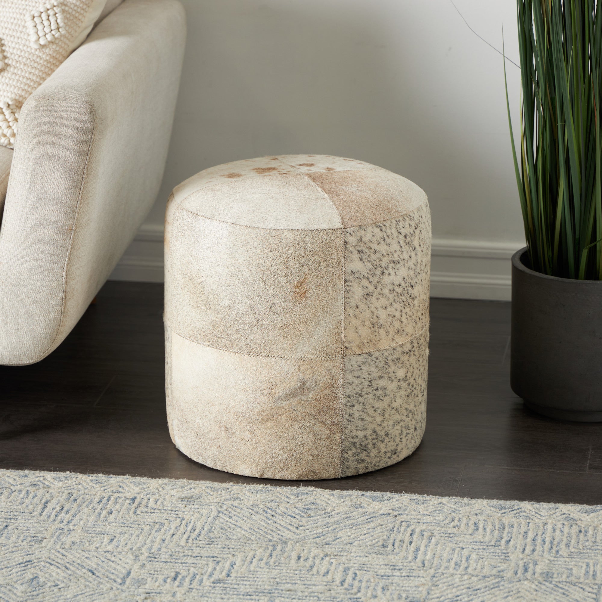 Leather Handmade Cowhide Living Room Stool with Patchwork Pattern