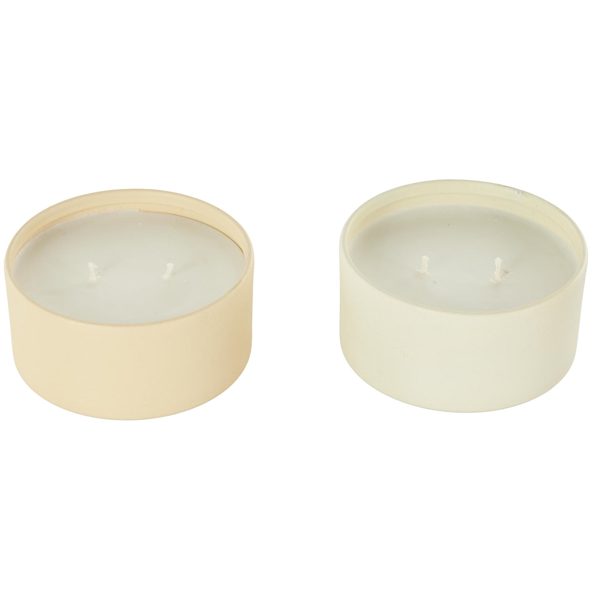 Set of 2 Metal Fresh Cotton / White Tea & Ginger Scented Textured 9oz 2 Wick Decorative Candle with White Wax