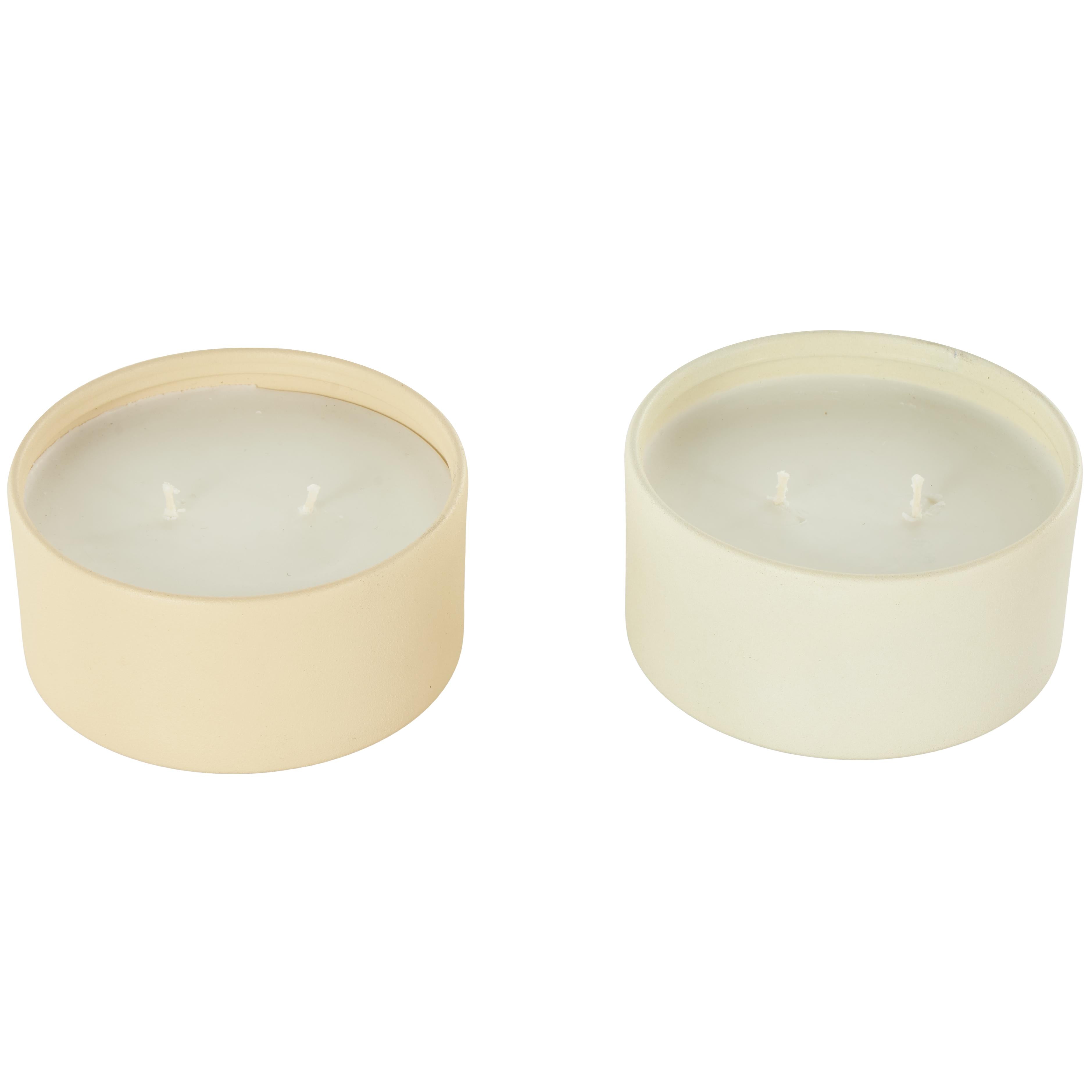 Set of 2 Metal Fresh Cotton / White Tea & Ginger Scented Textured 9oz 2 Wick Decorative Candle with White Wax