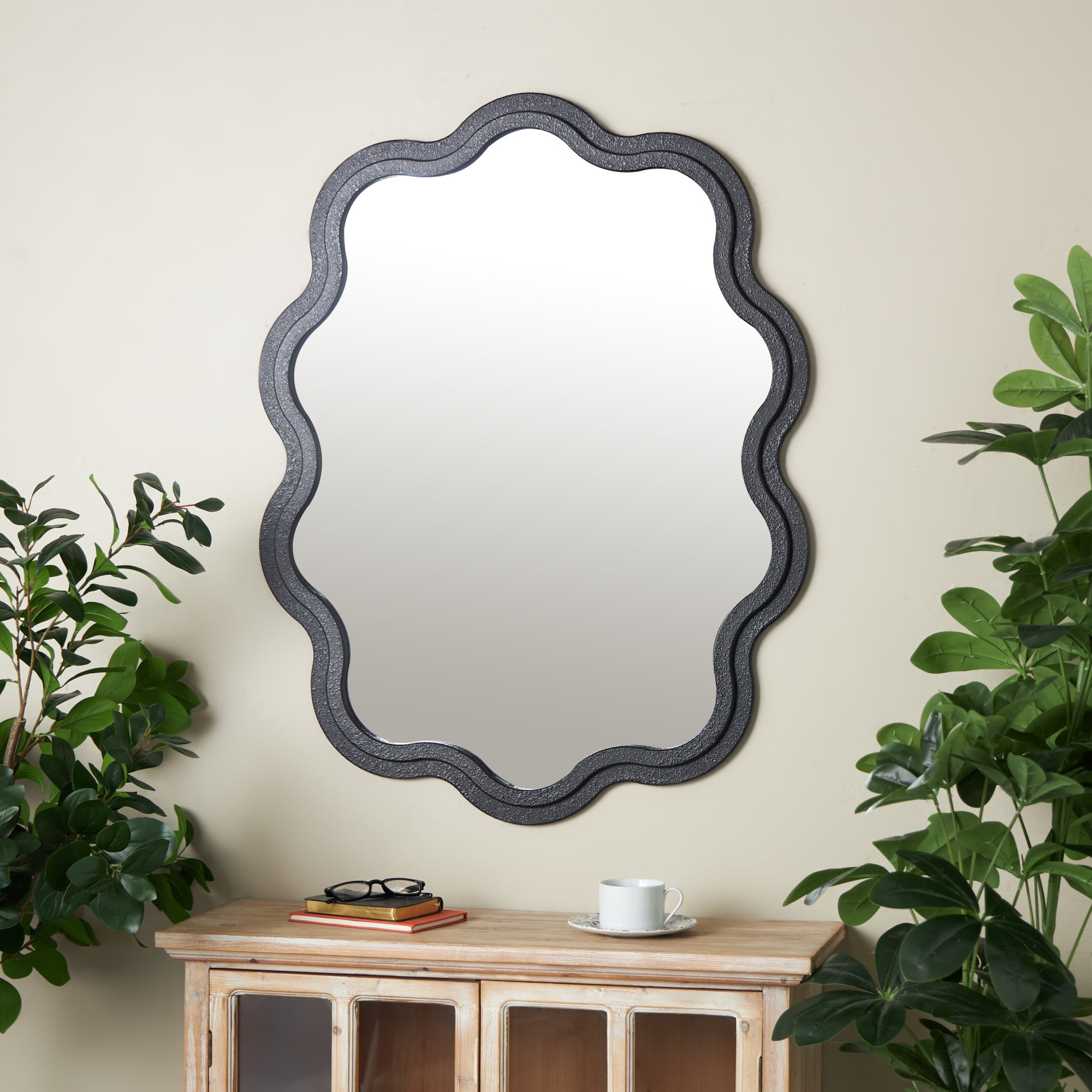 Black Wooden Handmade Wavy Room Wall Mirror with Dimensional Carved Frame