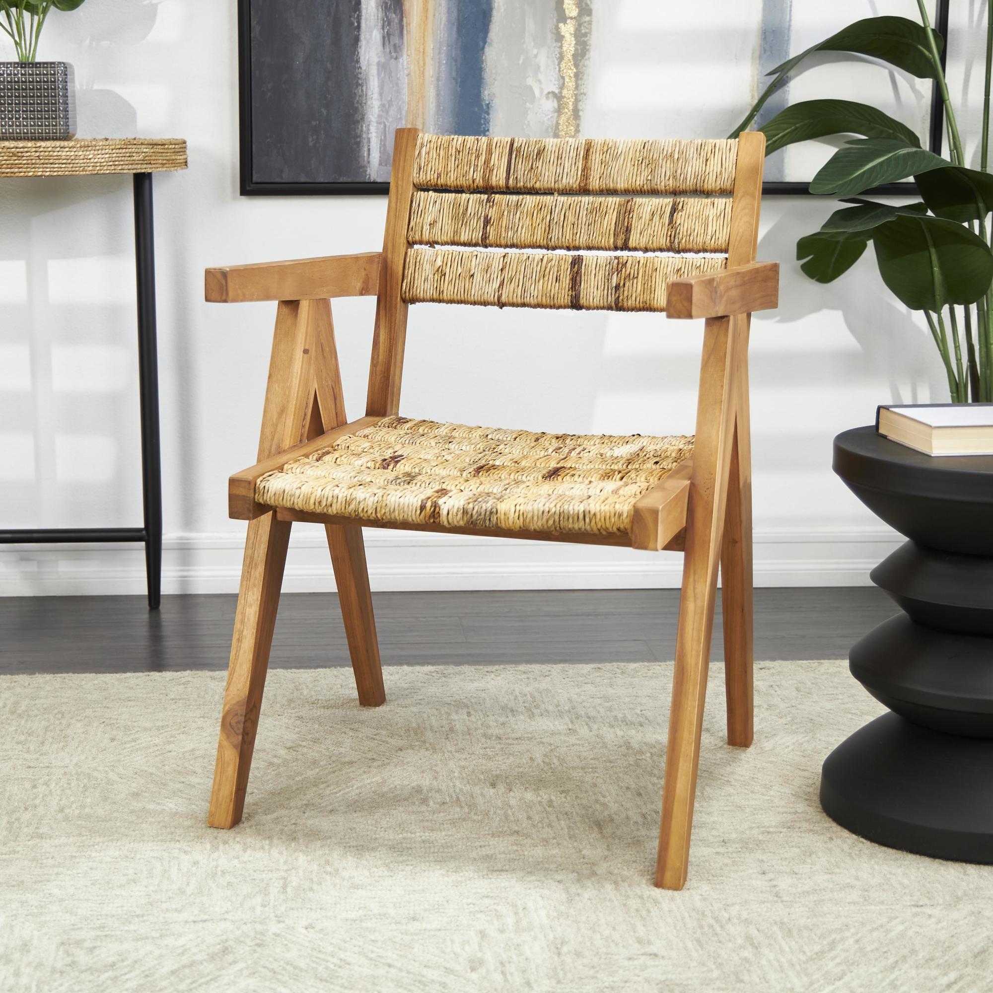 Brown Teak Wood Handmade Mid-Century Living Room Accent Chair with Wrapped Banana Leaf Seat