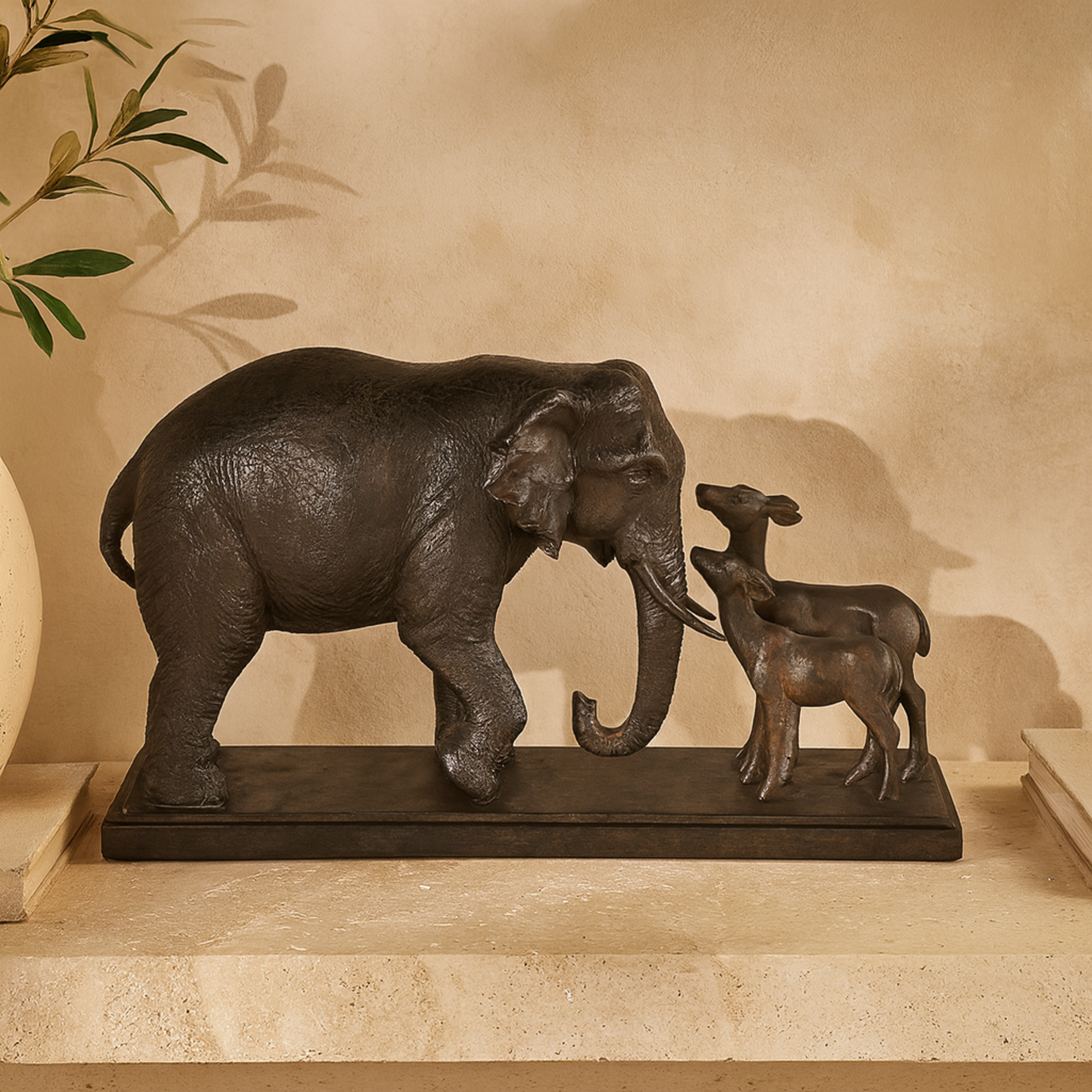 Elephant Black Resin Walking Decorative Sculpture with Dark Brown Deer