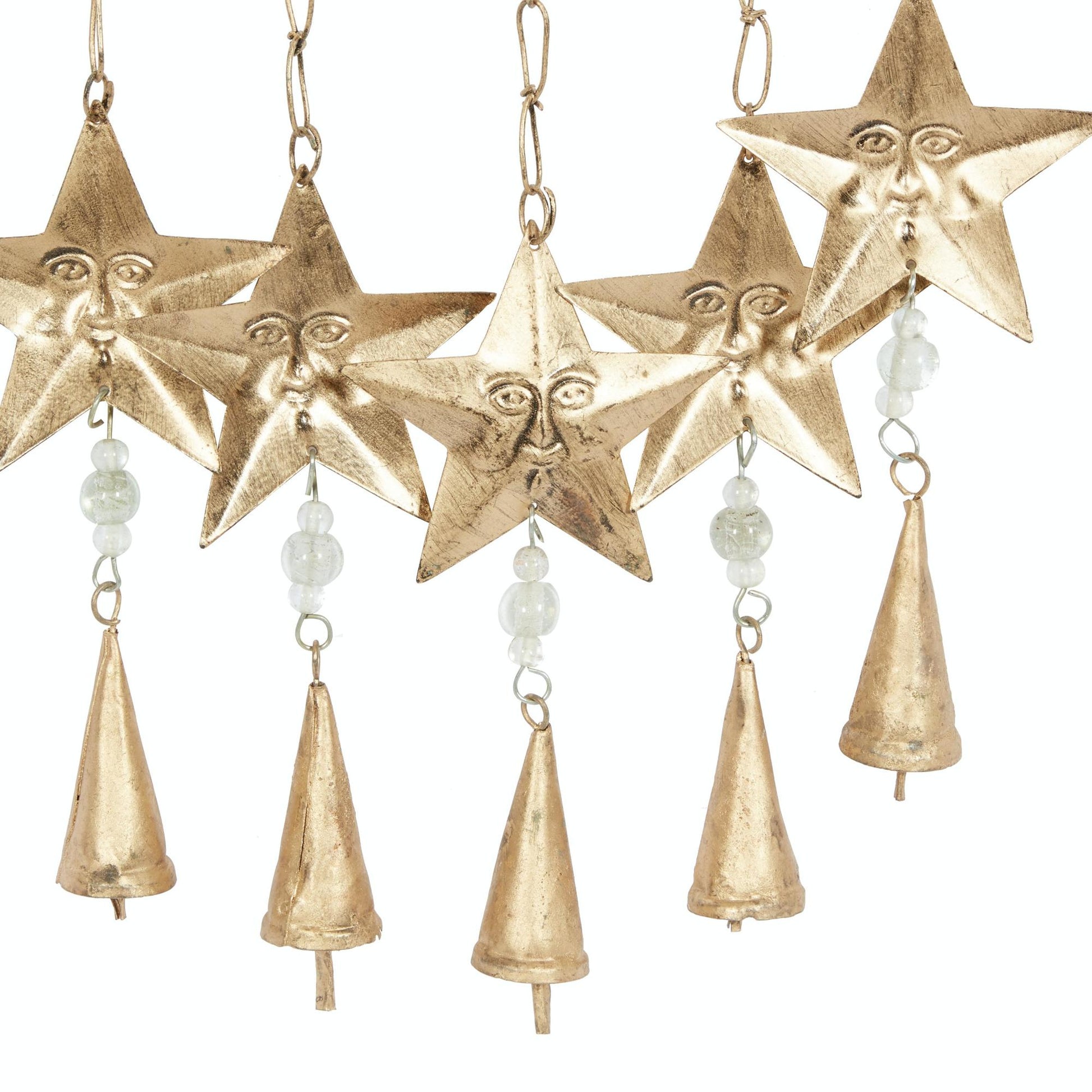 Sun and Star Gold Metal Handmade Indoor Outdoor Windchime with Glass Beads and Cone Bells