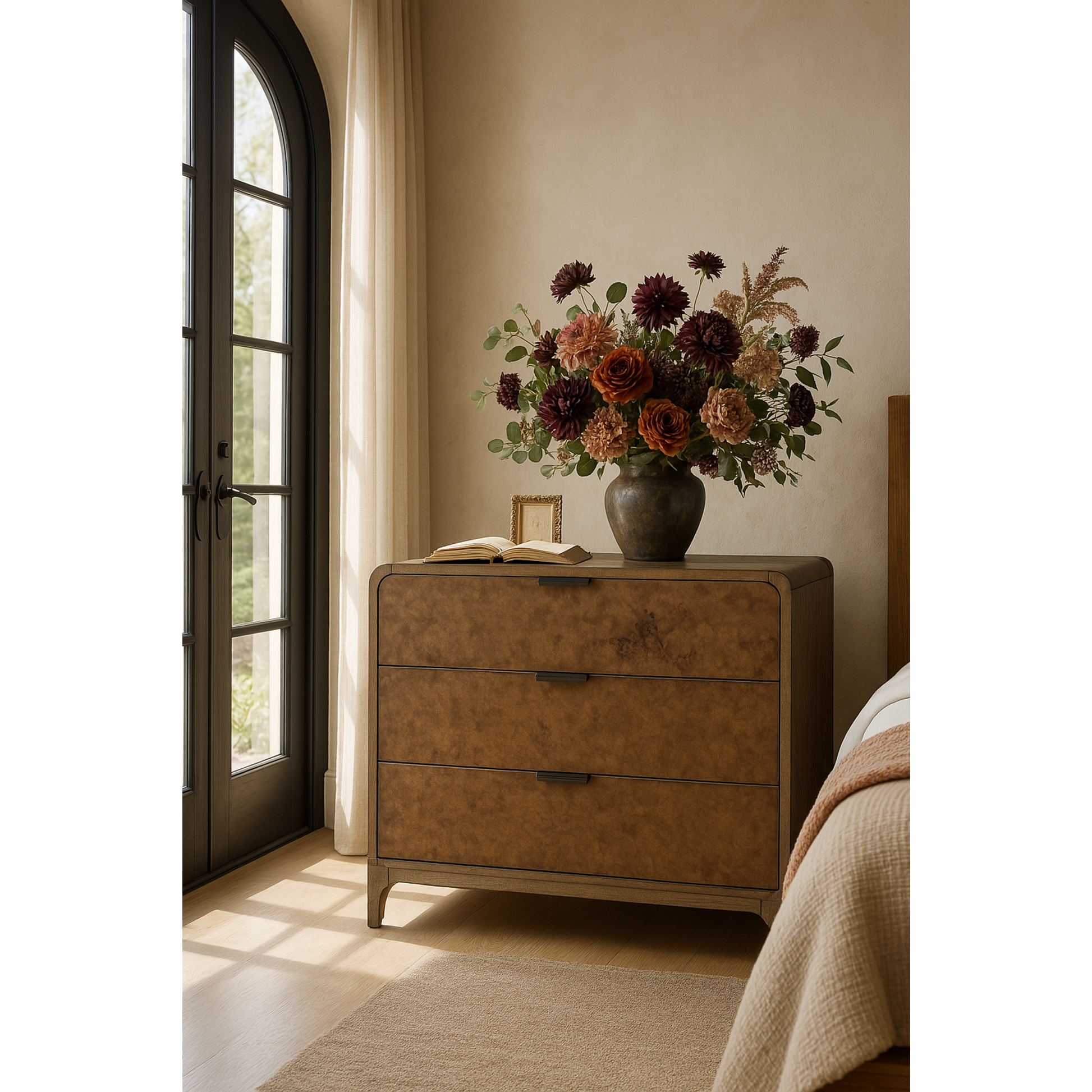 Brown Wooden 3 Drawer Room Dresser with Natural Wood Grains and Black Handles