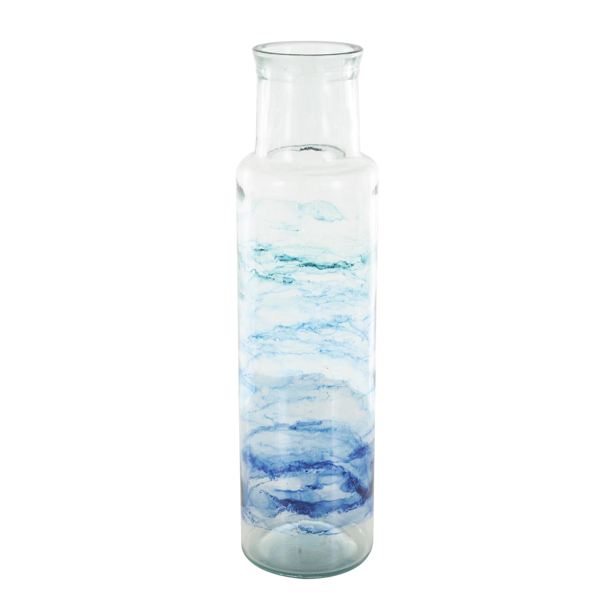 Recycled Glass Abstract Decorative Vase with Swirled Colored Glass Bands 6" x 6" x 22"