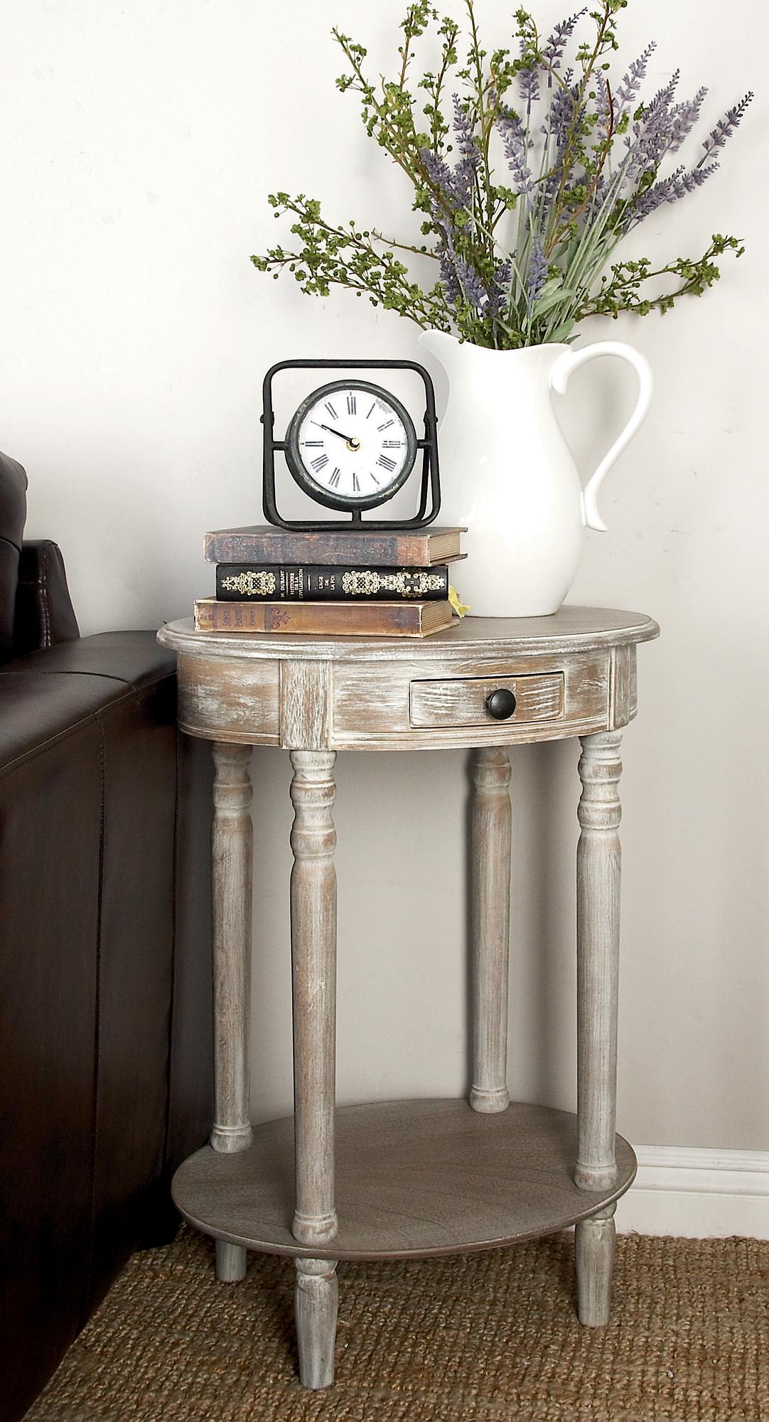 Light Brown Wood Whitewashed Oval 1 Drawer Side End Accent Table