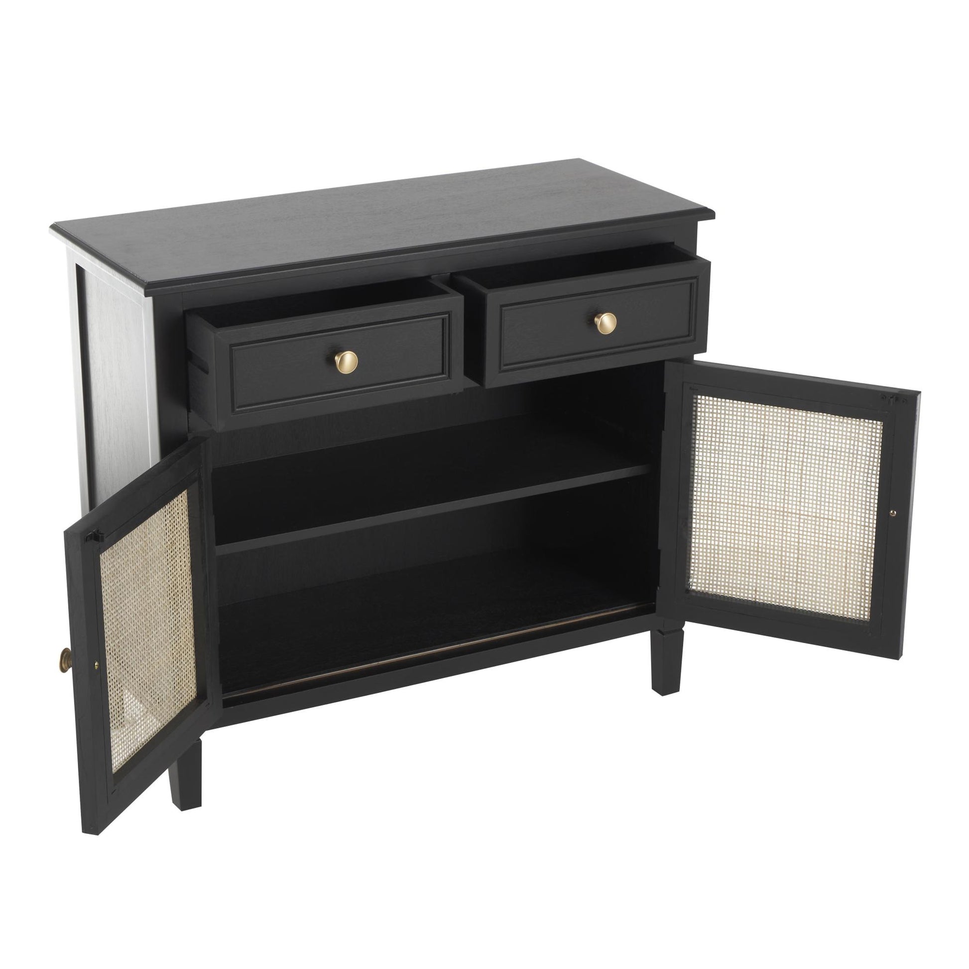 Black Wood Handmade 2 Door and 2 Drawer Room Cabinet with Rattan Front