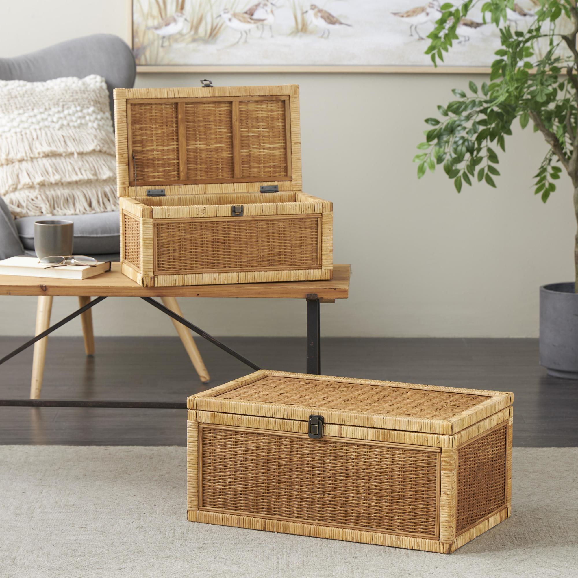 Set of 2 Brown Rattan Handmade Woven Storage Decorative Box with Wrapped Light Brown Edges