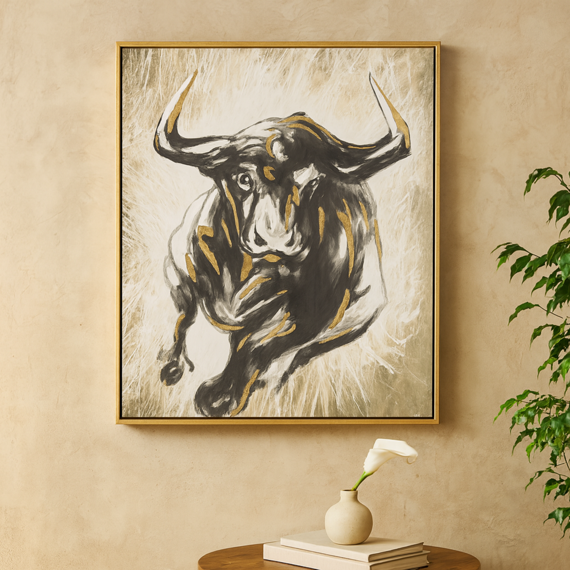 Bull Gold Canvas Shaded Running Living Room Framed Wall Art with Cream and Gold Foil Accents