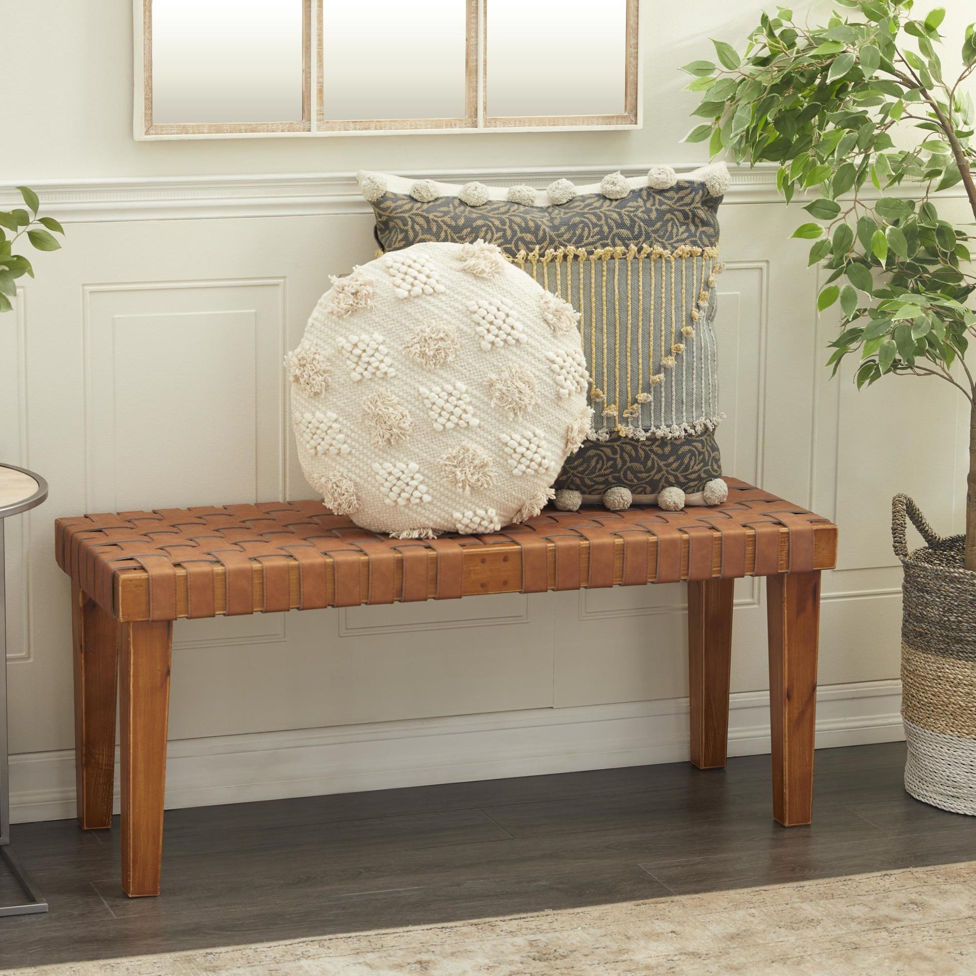Brown Faux Leather Handmade Woven Home Bench with Wood Frame