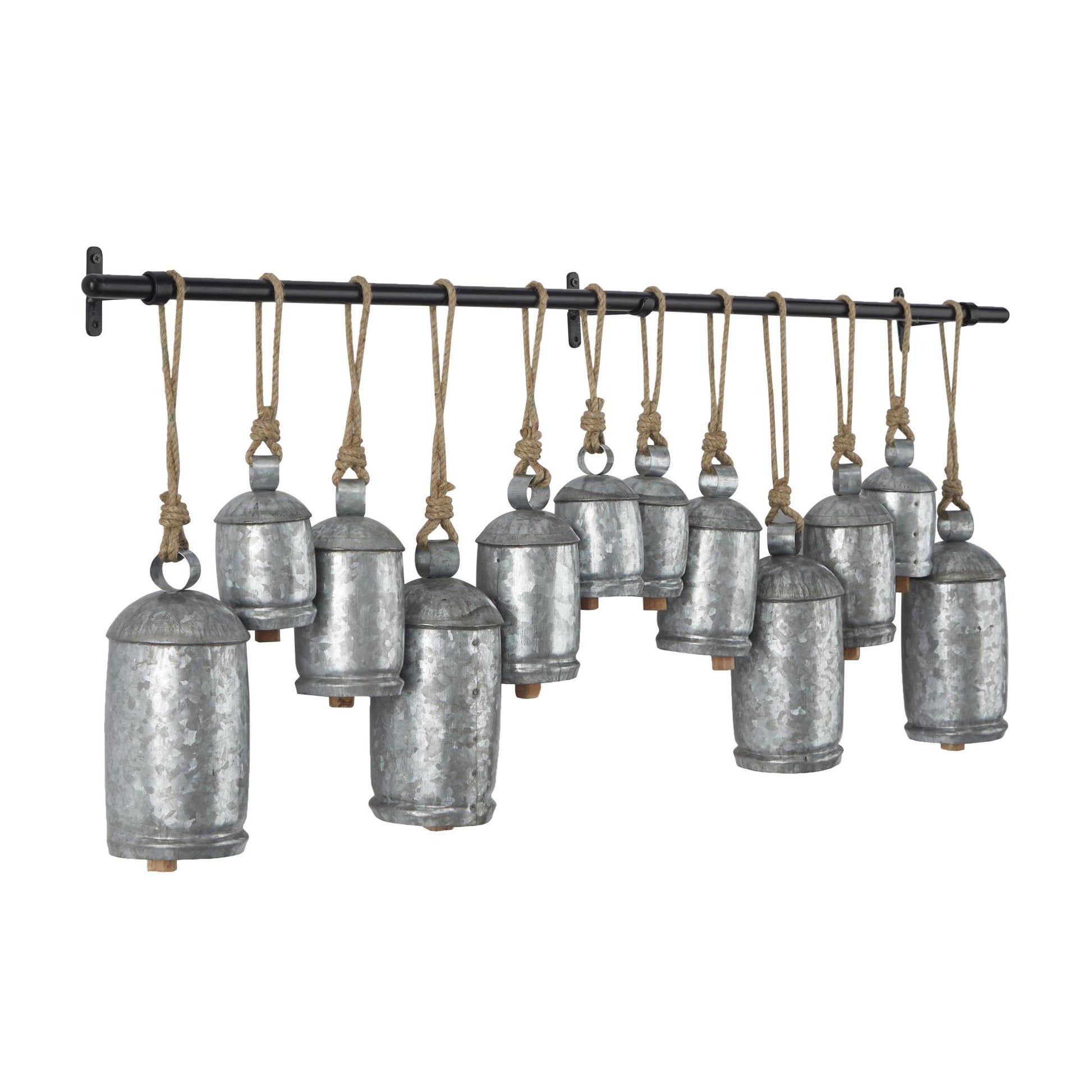 Metal Tibetan Inspired 12 Bell Indoor Outdoor Decorative Cow Bells with Hanging Ropes and Rod