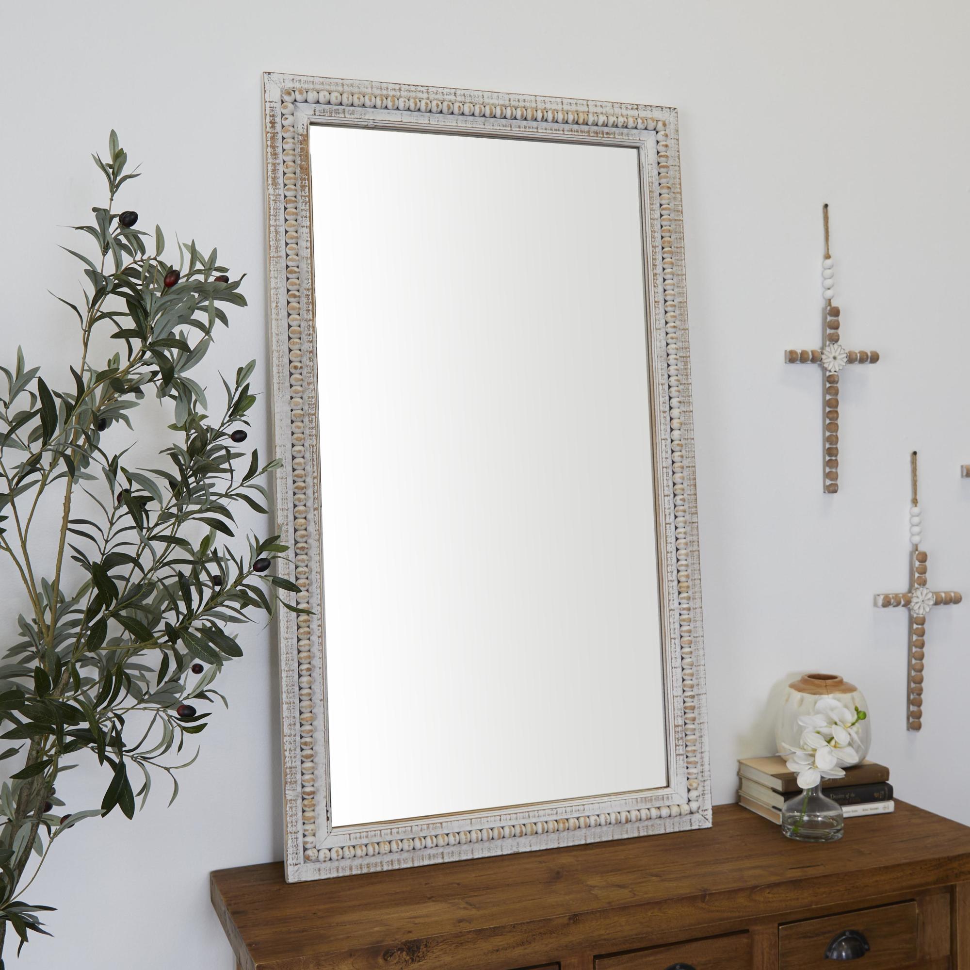 White Wood Carved Beaded Room Wall Mirror