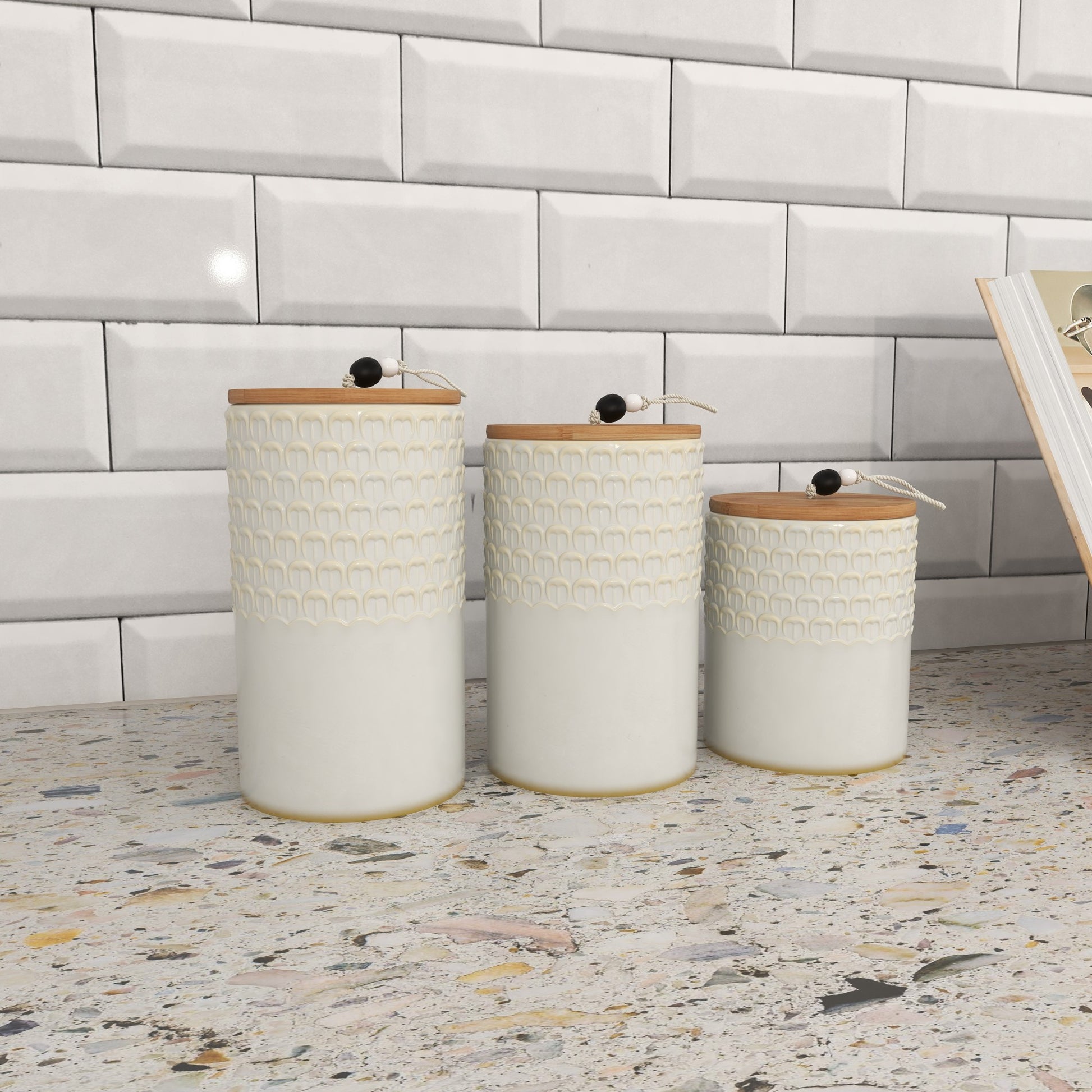 Set of 3 White Ceramic Textured Living Room Decorative Jars with Wood Lids and Black Beaded Accents