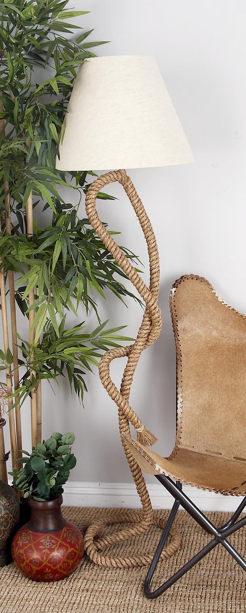 Brown Jute Rope Twisted Rope Room Floor Lamp with Cream Linen Shade