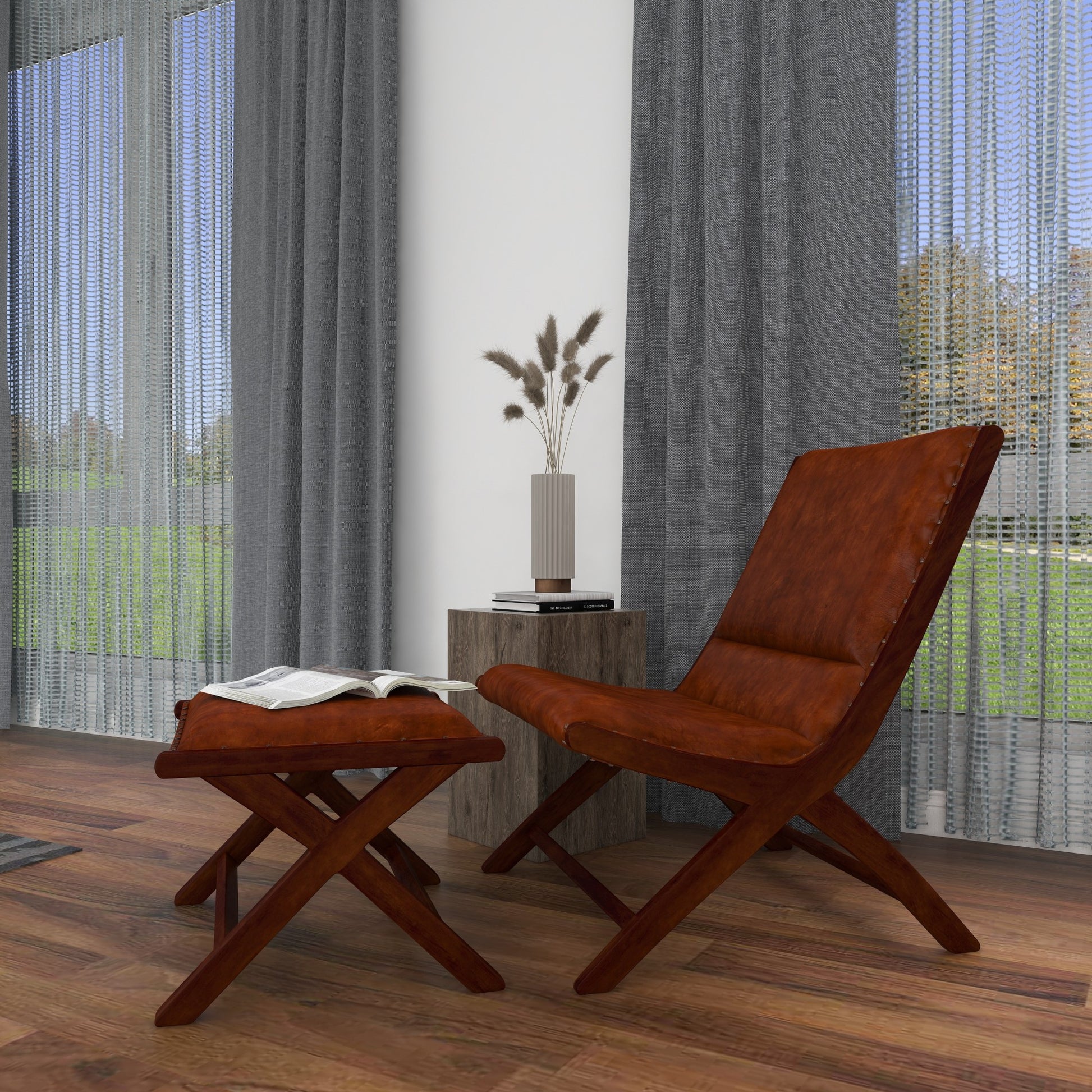 Teak Wood Handmade Upholstered Leather Accent Chair with Ottoman