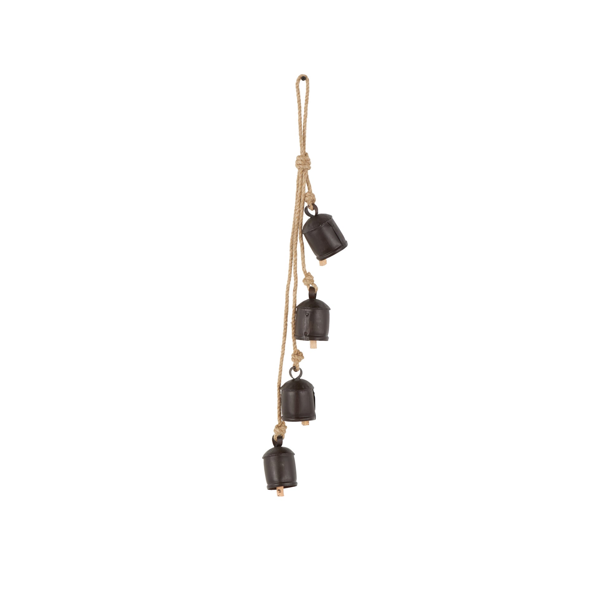 Metal Tibetan Inspired Indoor Outdoor Decorative Cow Bells with 4 Bells on Jute Hanging Rope