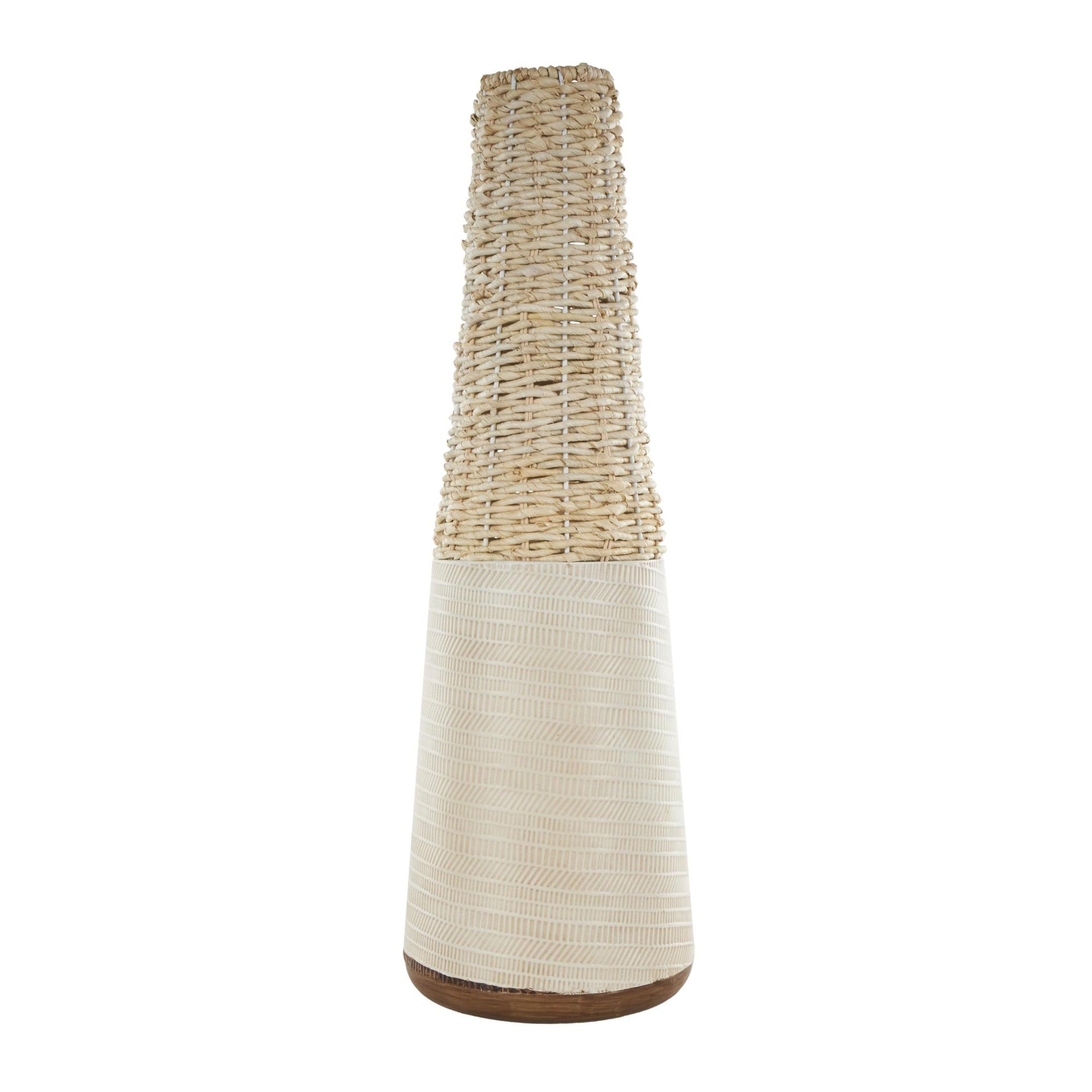 Geometric Light Brown Rattan Handmade Woven Decorative Vase with Beige Metal Base