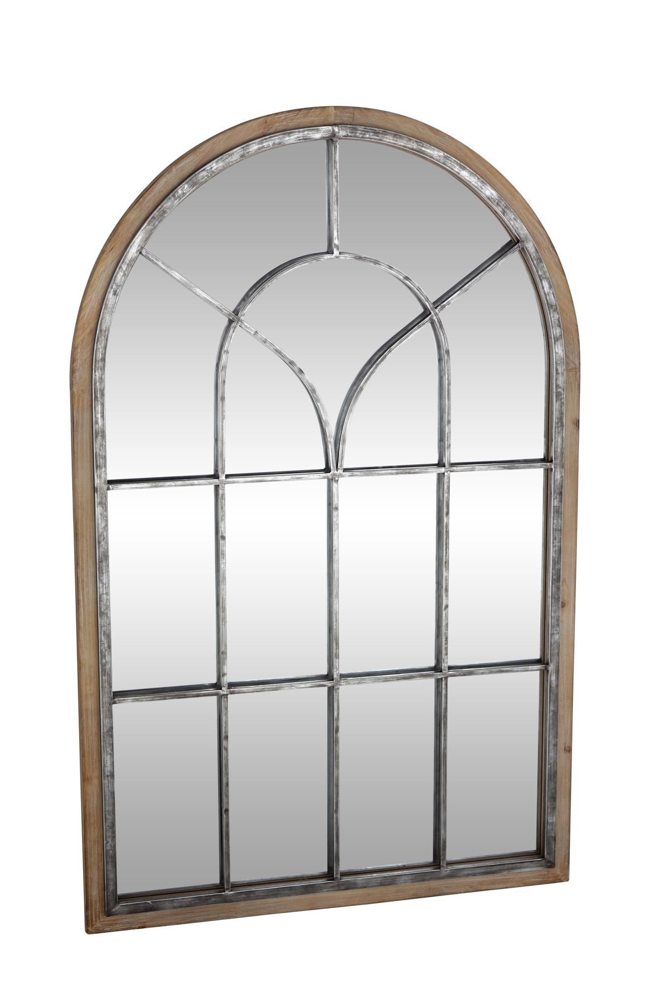 Brown Wooden Window Pane Inspired Room Wall Mirror with Arched Top