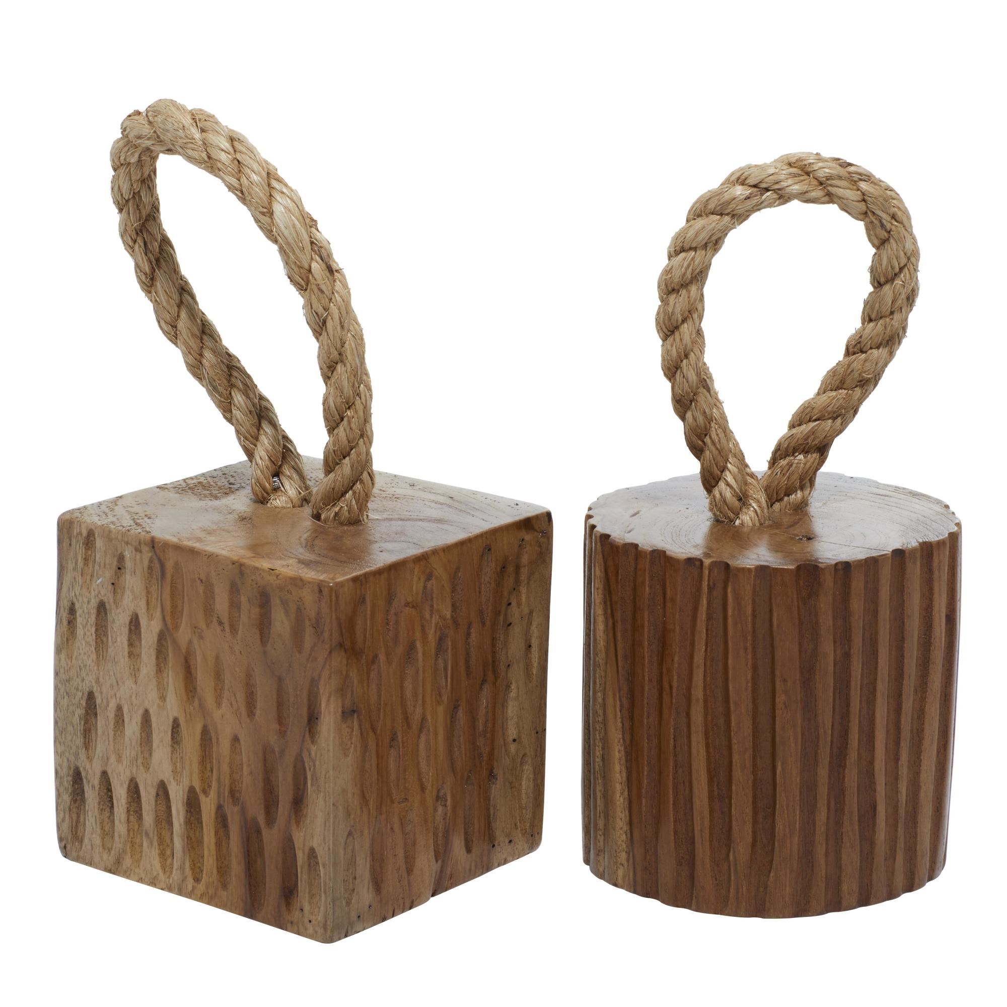 Set of 2 Geometric Brown Teak Wood Handmade Door Stopper Decorative Sculpture with Rope Accent