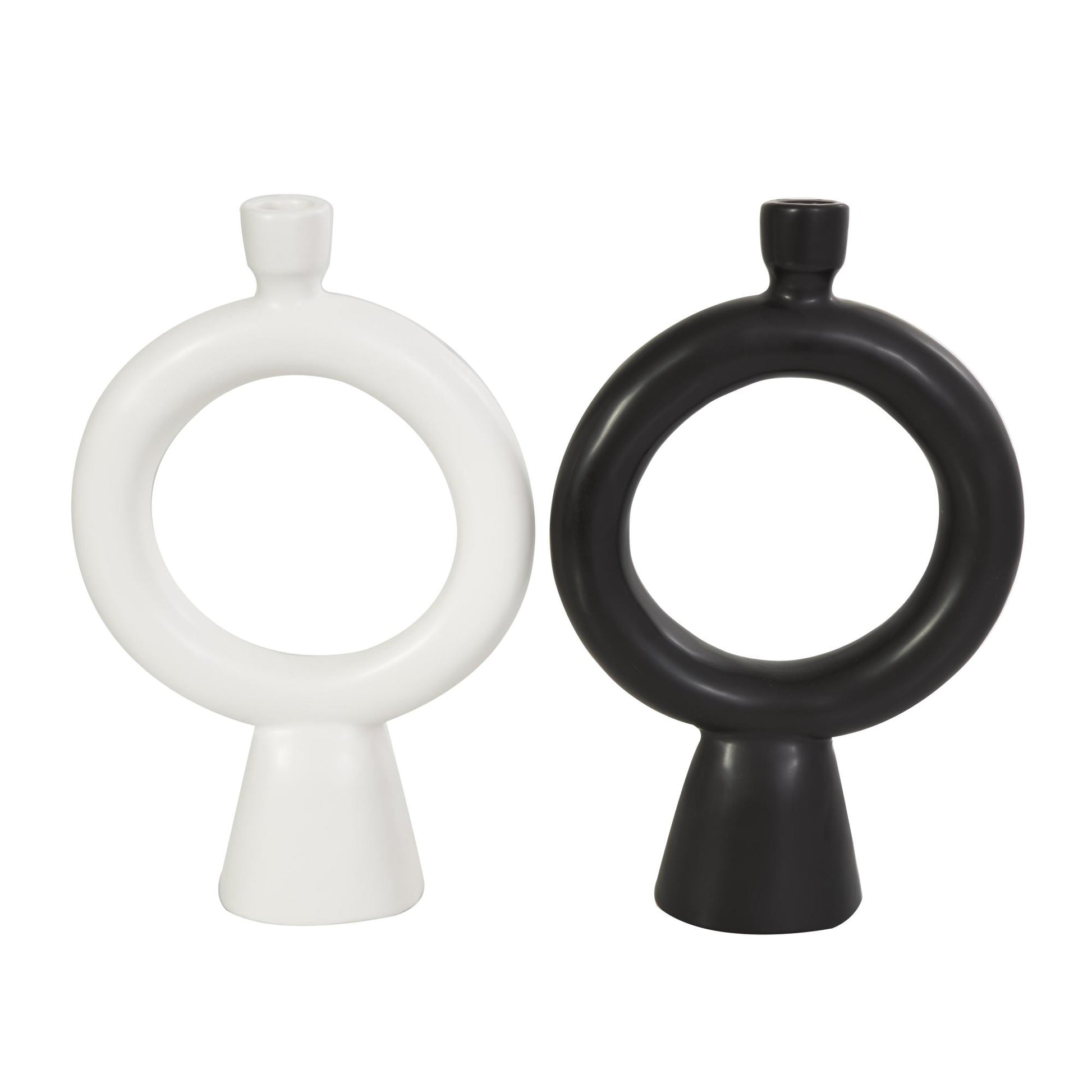 CosmoLiving by Cosmopolitan Set of 2 Geometric Black Ceramic Ring Decorative Candle Holder