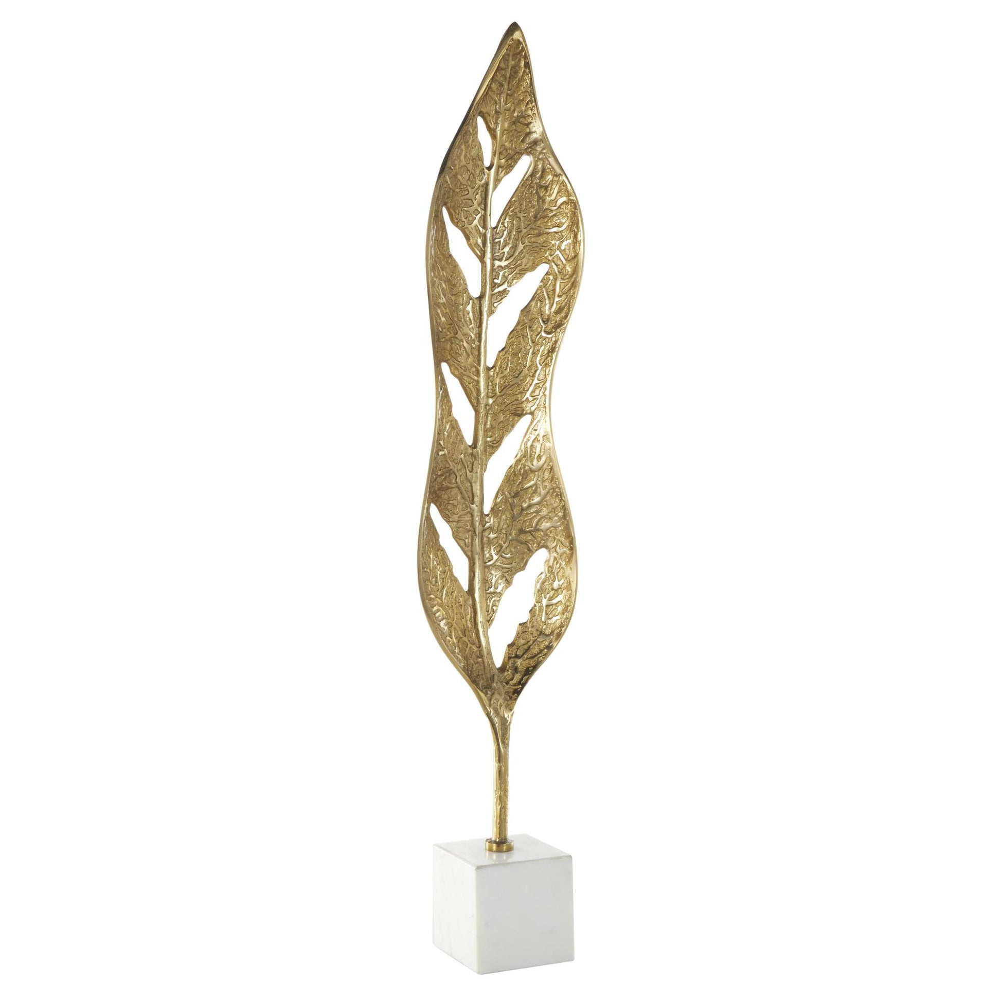 Leaf Gold Aluminum Metal Tall Textured Cutout Decorative Sculpture with White Marble Base