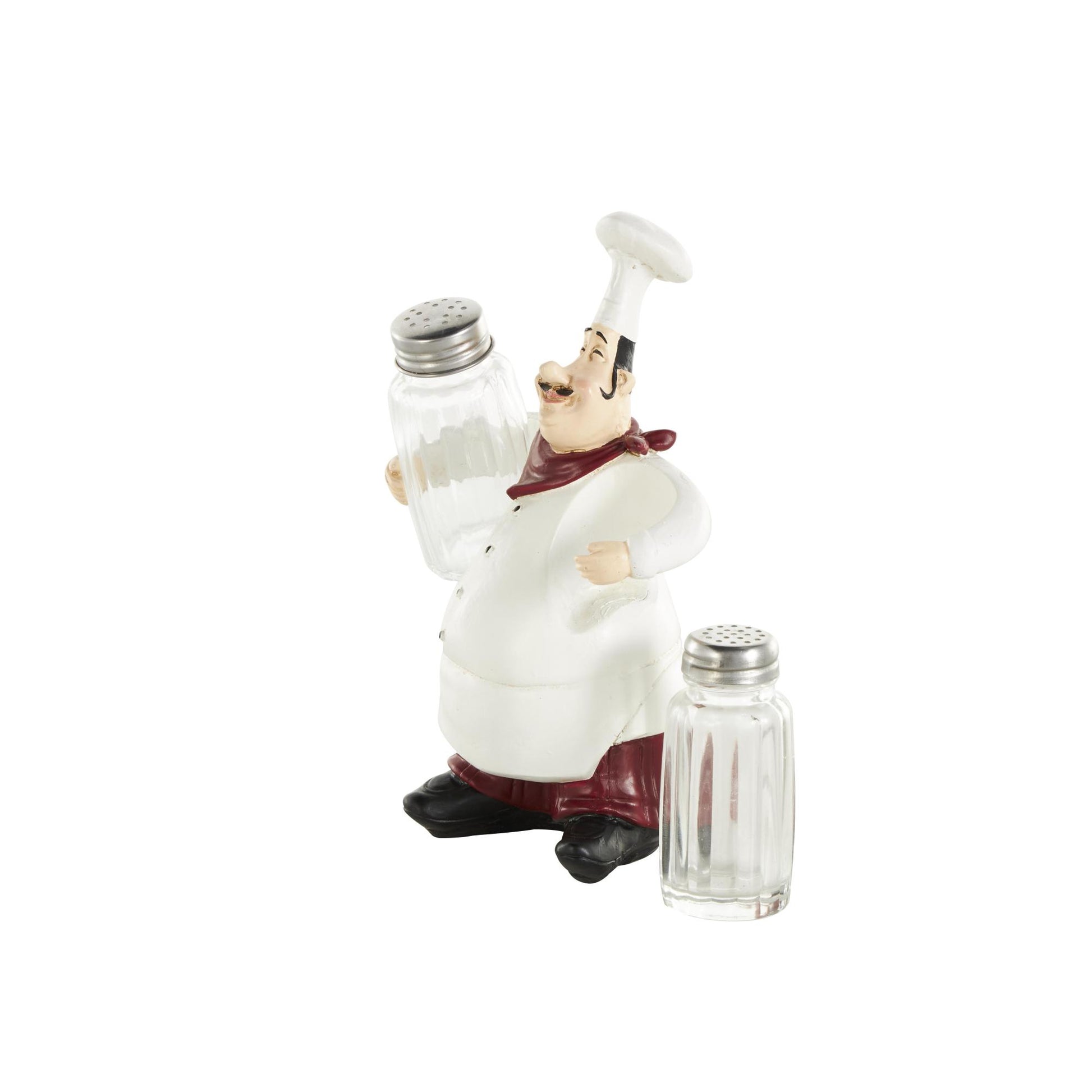 Chef White Polystone Figurine Decorative Salt and Pepper Shaker Holder with Red Accents