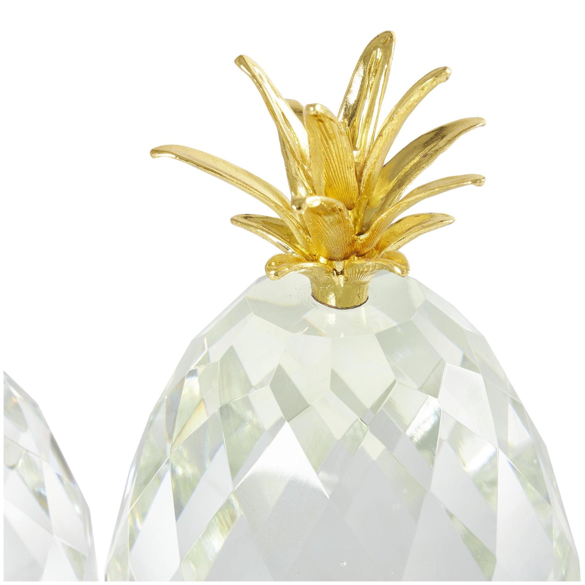Set of 3 Fruit Clear Crystal Faceted Pineapple Decorative Sculpture with Gold Leaves