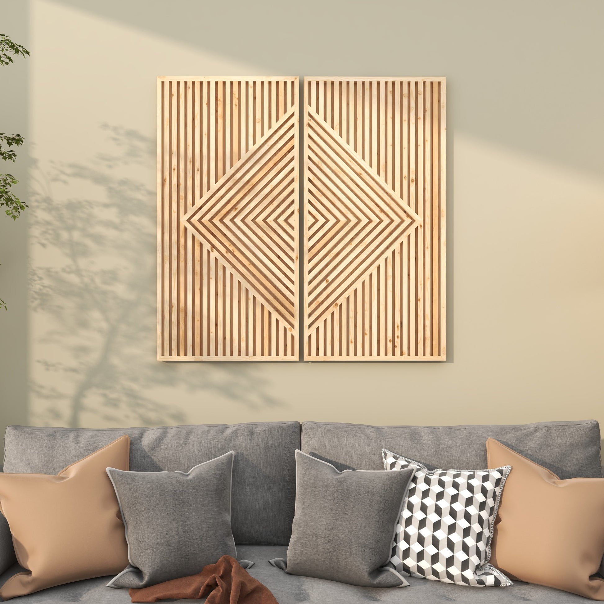Set of 2 Geometric Brown Wood Carved Home Wall Decor