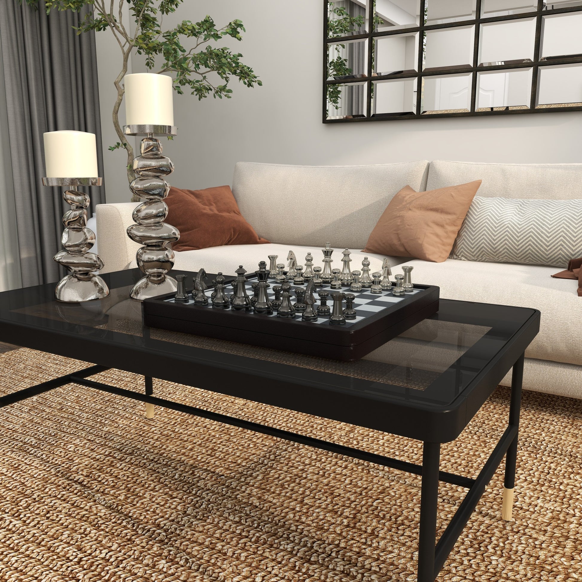 Chess Black Aluminum Metal Home Decor Game Set with Storage Compartment