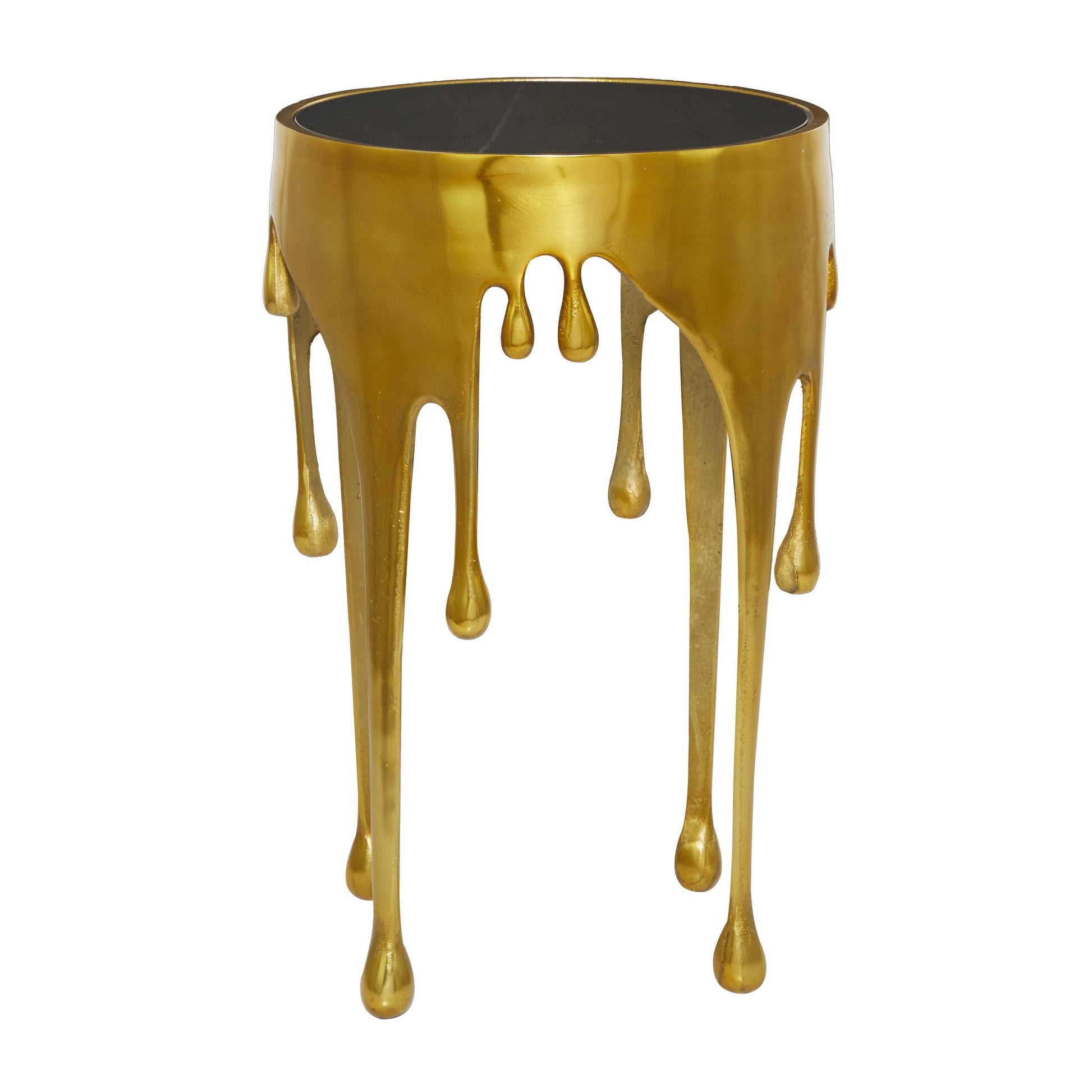 Abstract Aluminum Metal Drip Side End Accent Table with Melting Design and Shaded Glass Top
