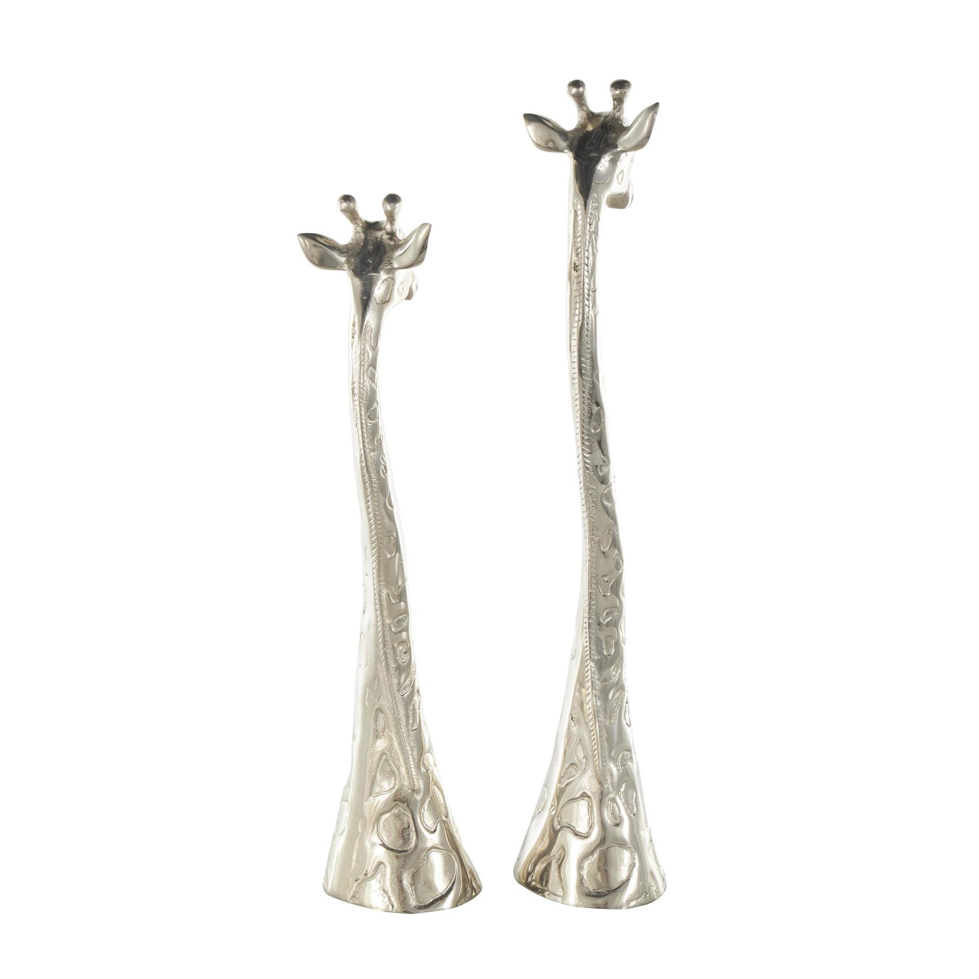 Set of 2 Giraffe Silver Aluminum Metal Tall Decorative Sculpture with Spotted Texturing