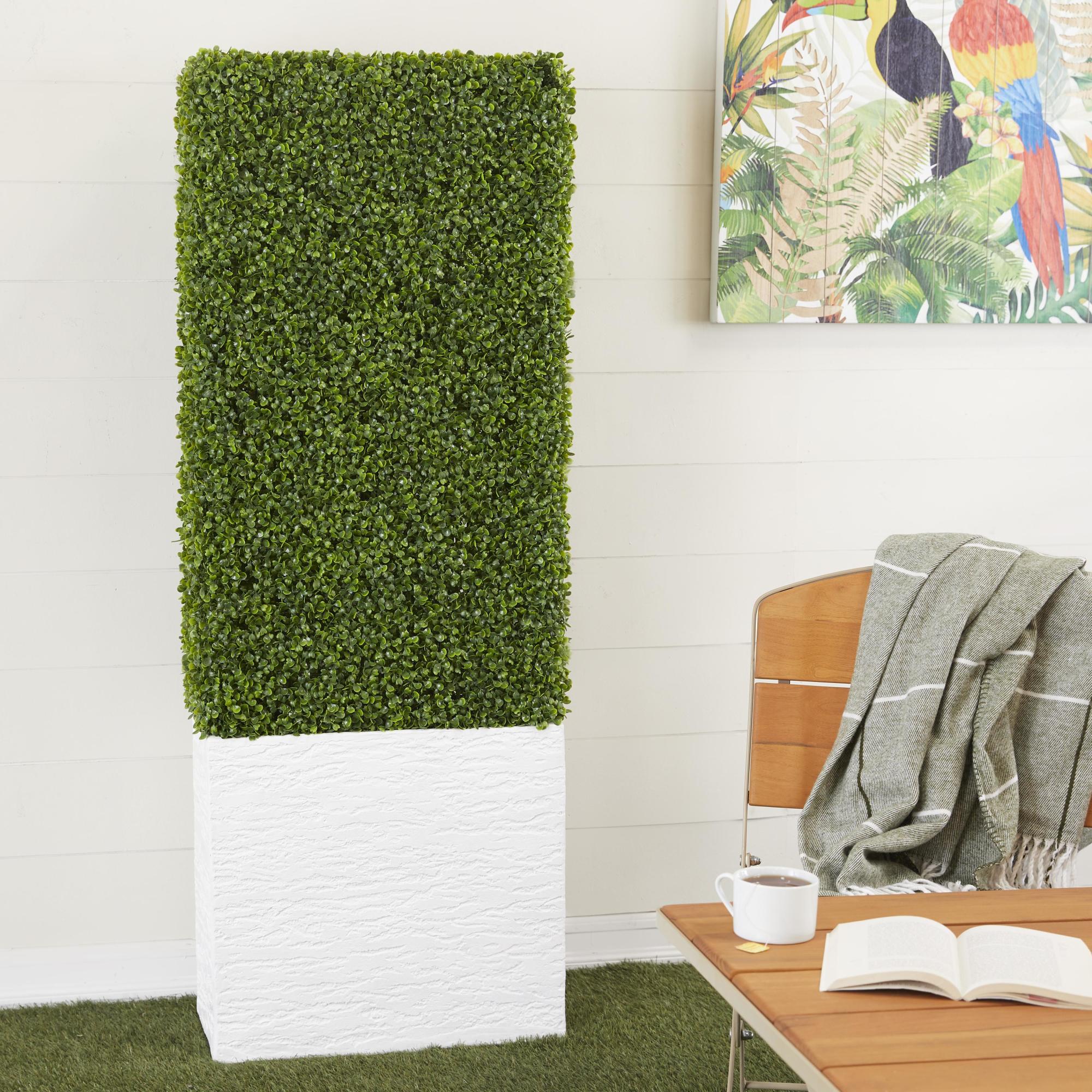 Boxwood Hedge Faux Foliage Tall Indoor Outdoor Topiary with Realistic Leaves and Black Cement Planter Box 22" x 9" x 59"