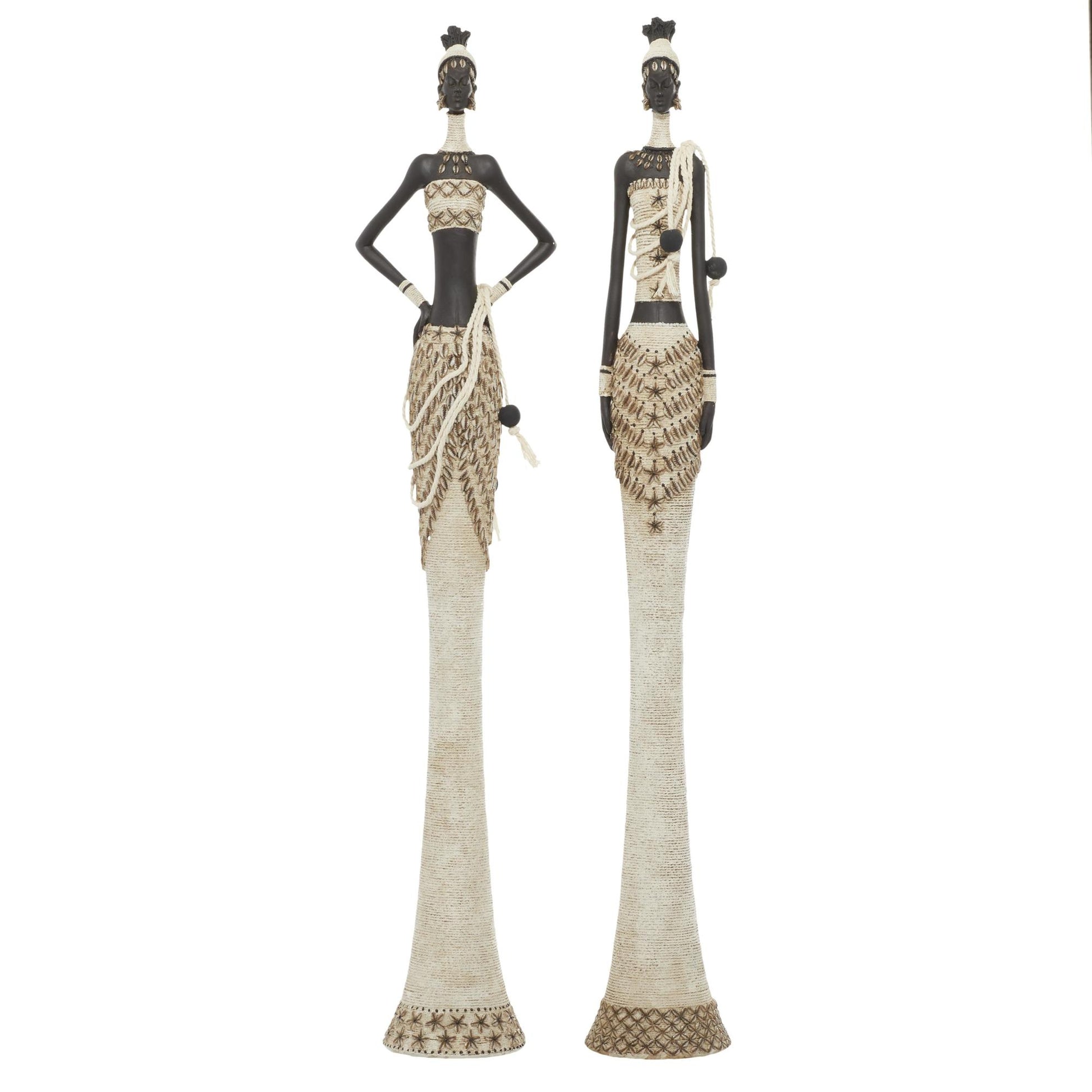 Set of 2 Woman White Polyresin Handmade Standing African Decorative Sculpture with Intricate Details
