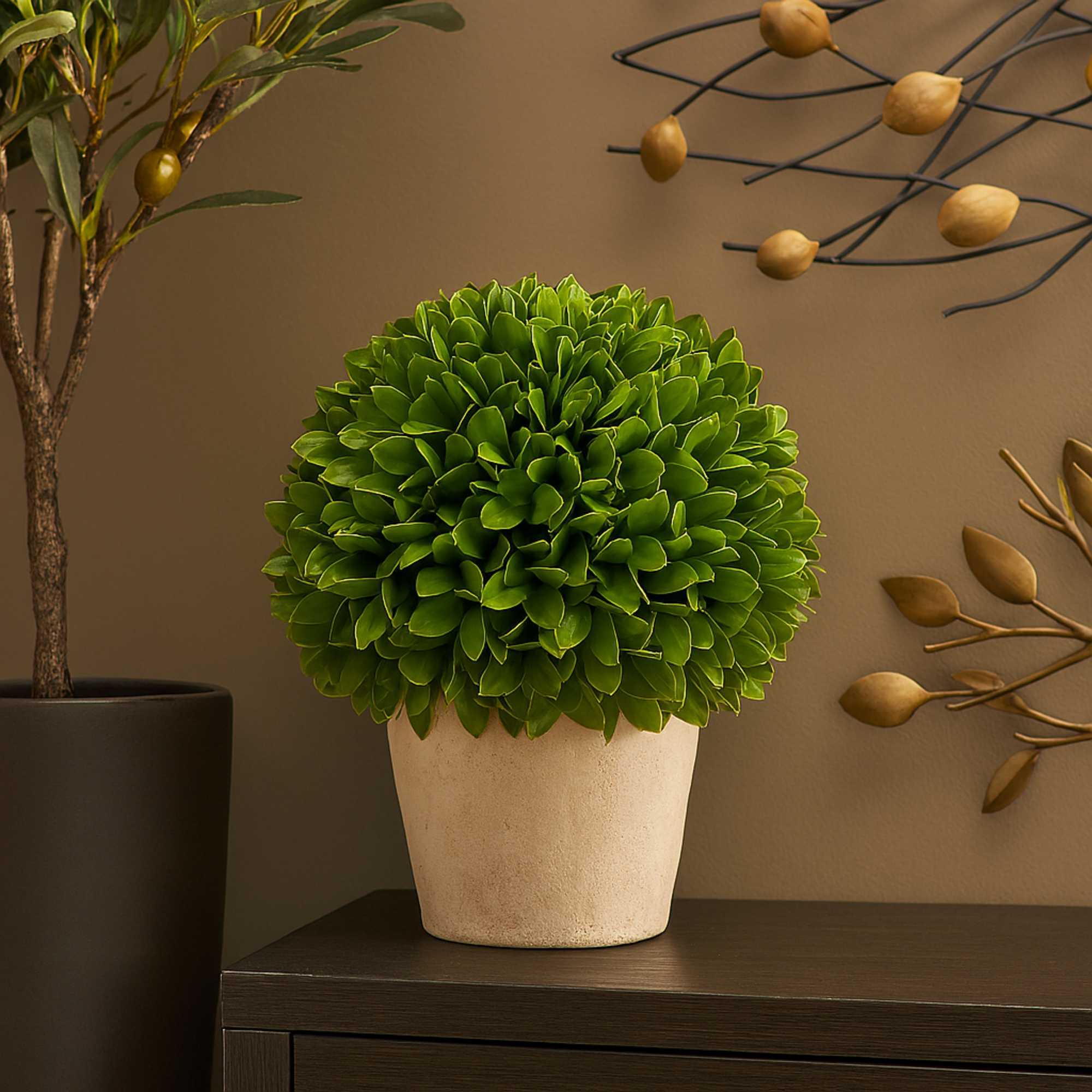 Boxwood Topiary Green Faux Foliage Indoor Outdoor Artificial Foliage Ball with Beige Paper Pot